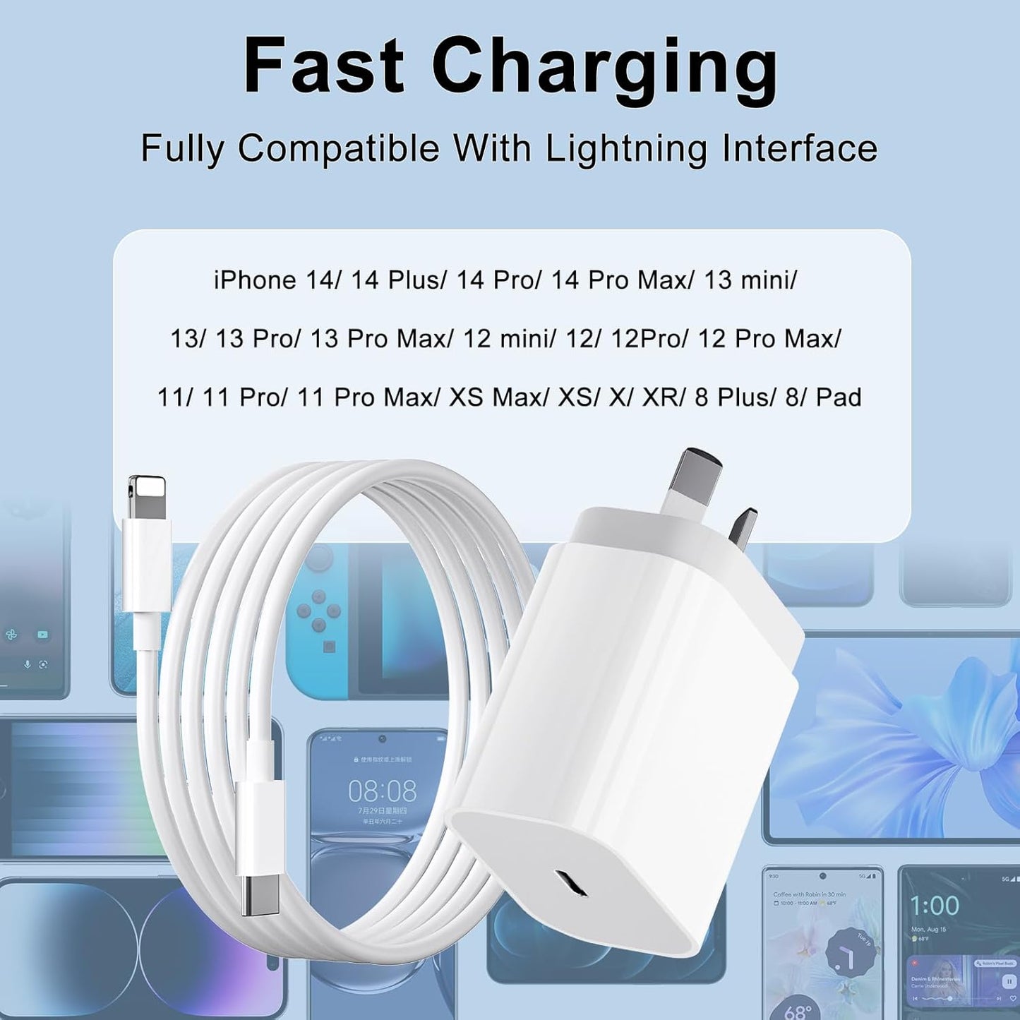 20W USB-C Mains Chargers Fast Charger with Lightning Cable for iPhone, DEMO