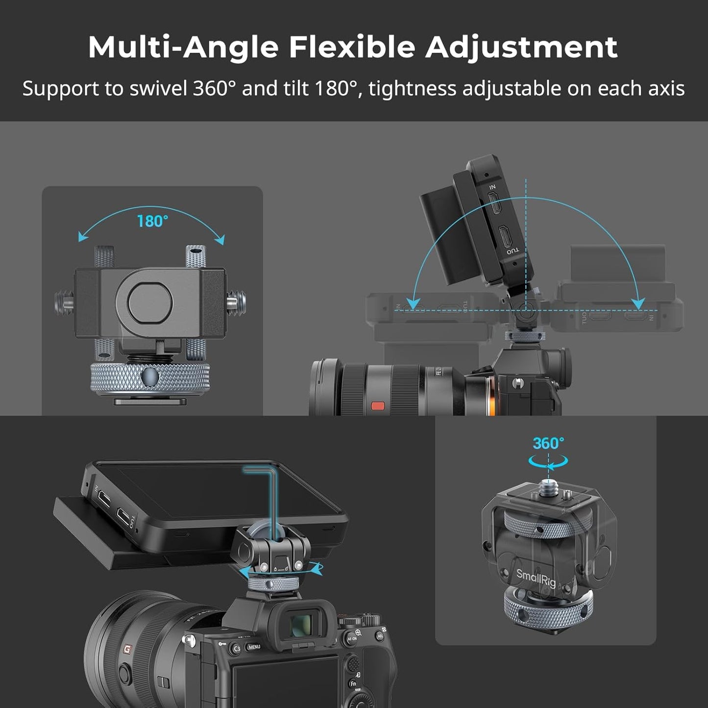 SMALLRIG Camera Monitor Mount Lite Swivel 360° Tilt 180° Aluminum Black NEW