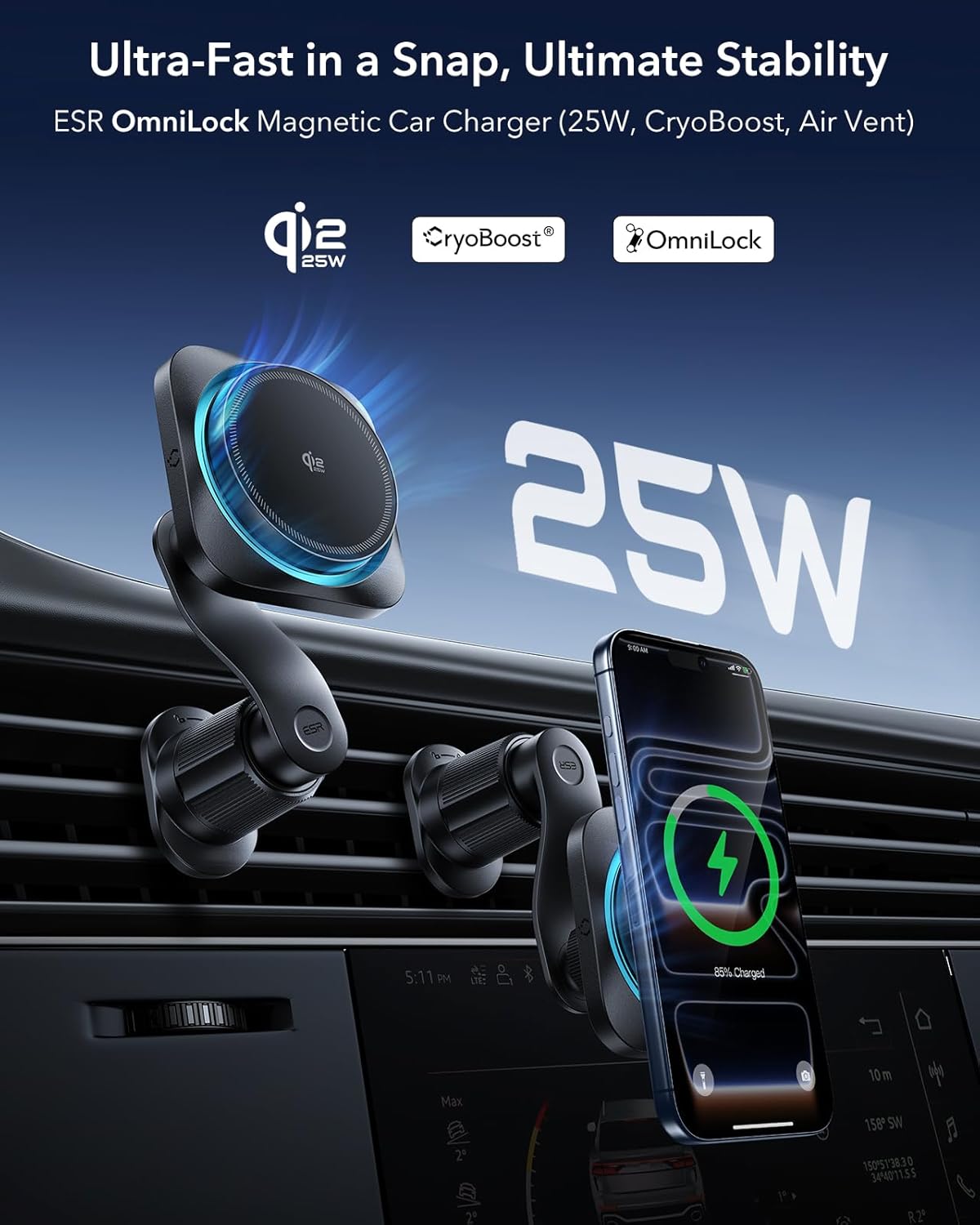ESR 25W Automobile Chargers Wireless Car Charger with CryoBoost Tech, Black NEW