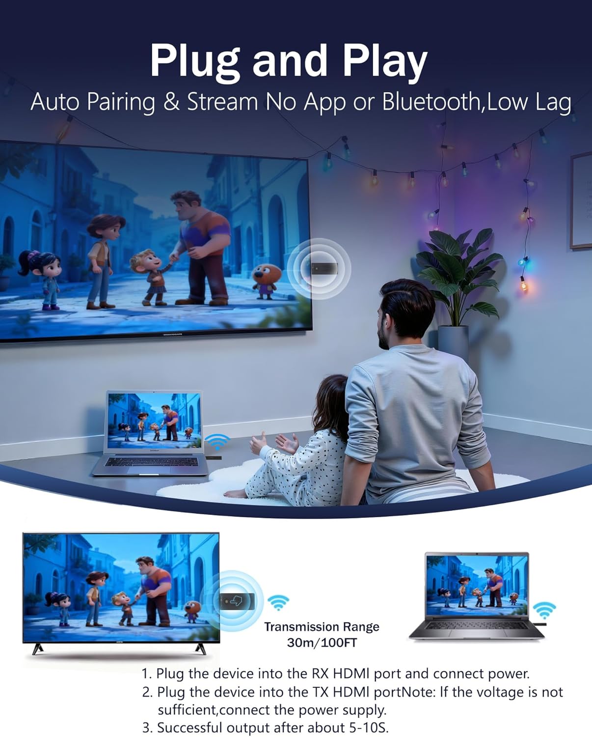 FAIRBEE Wireless HDMI Transmitter Receiver 4K 100ft Plug & Play Streaming DEMO