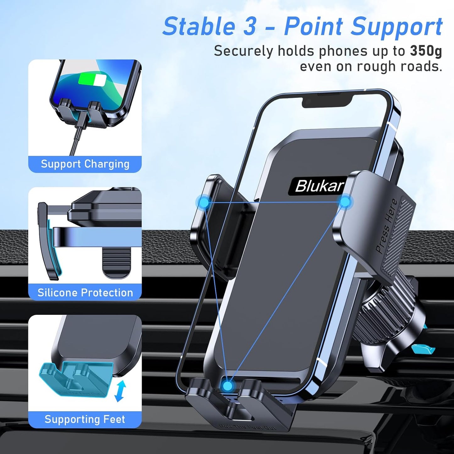 Blukar 360° Rotation Dash-Mounted Car Phone Holder Cradle Mount in Black NEW