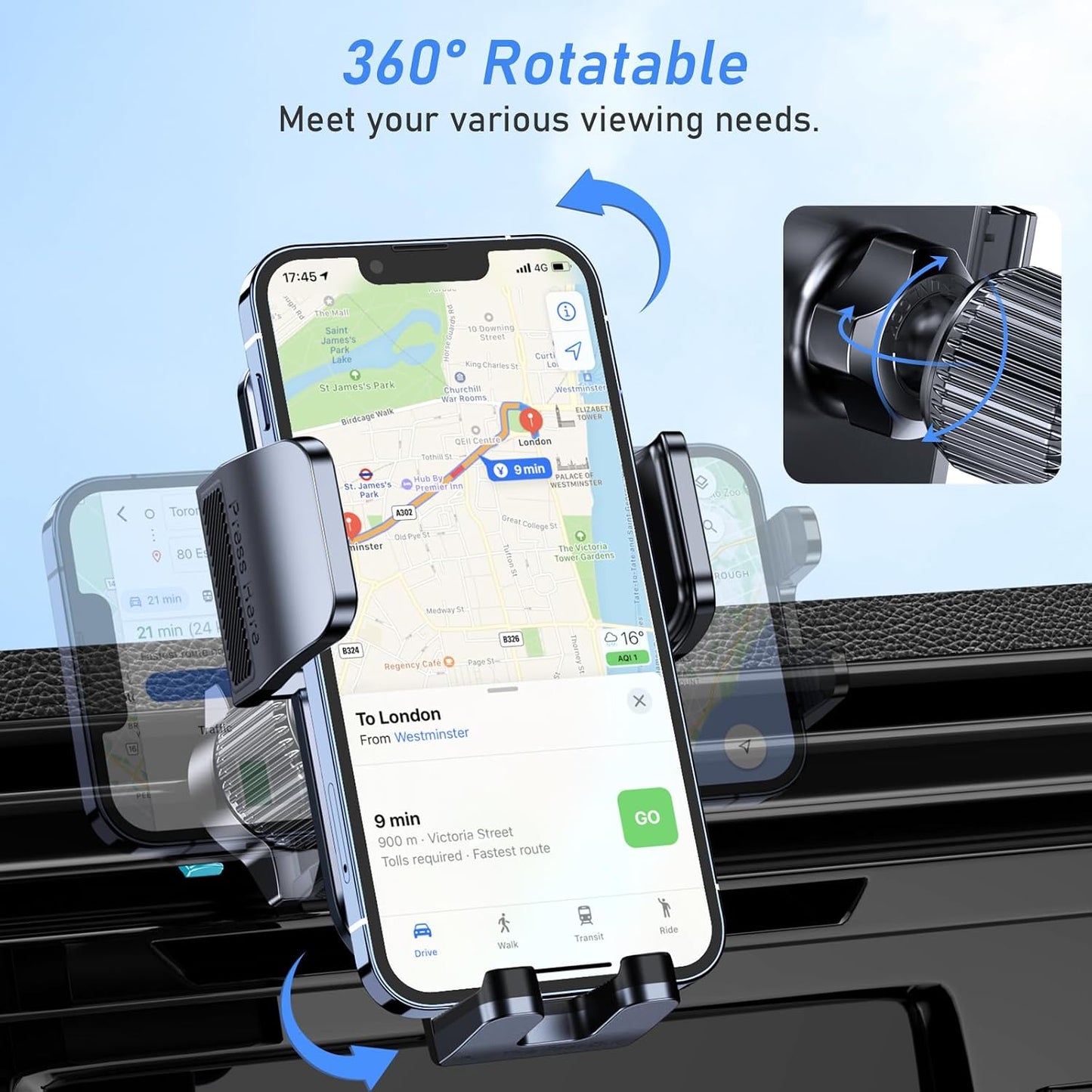 Blukar 360° Rotation Dash-Mounted Car Phone Holder Cradle Mount in Black NEW