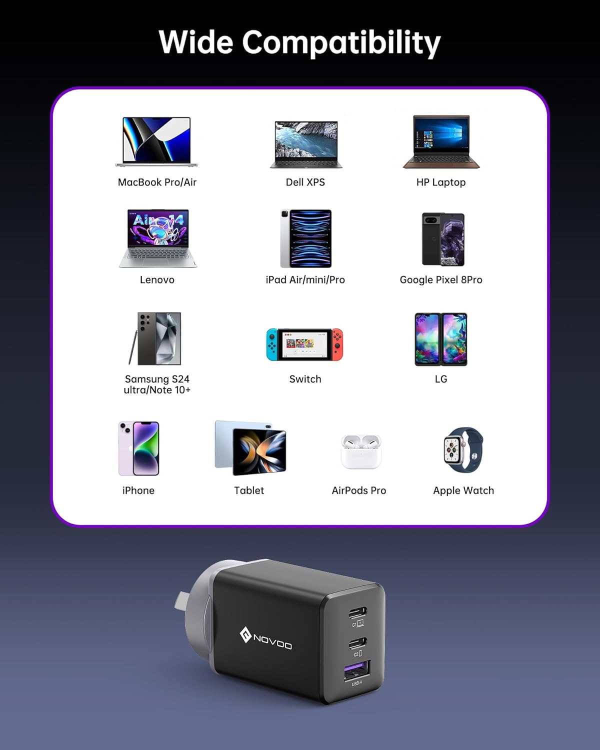 NOVOO 67W USB-C 3-Port Fast Charging Block Mains Charger in Black for NEW