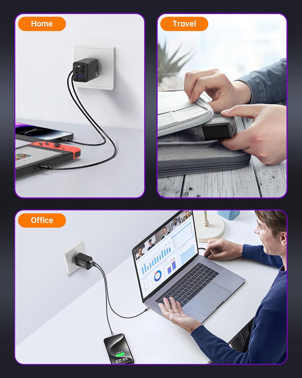 NOVOO 67W USB-C 3-Port Fast Charging Block Mains Charger in Black for NEW