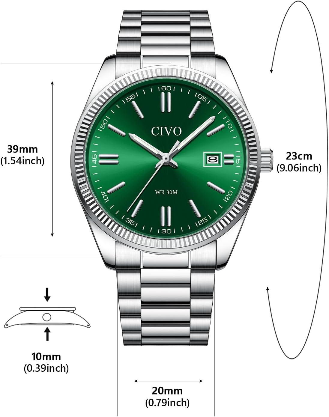 CIVO Stainless Steel Waterproof Dress Wrist Watches for Men & Women, Silver NEW