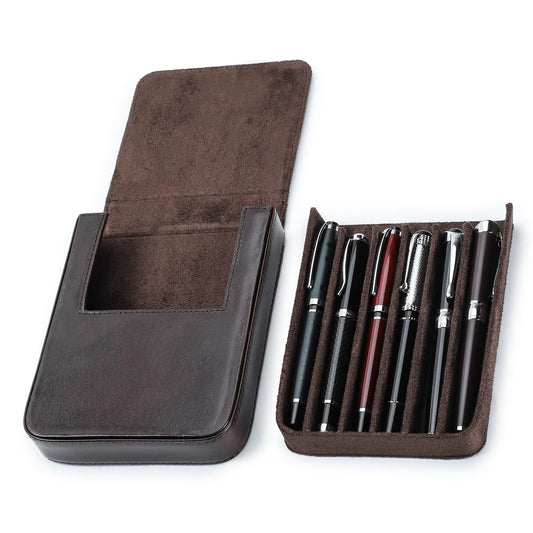CONTACT'S FAMILY Leather Pencil Case Holds 6 Pens Coffee Pen Storage Box NEW
