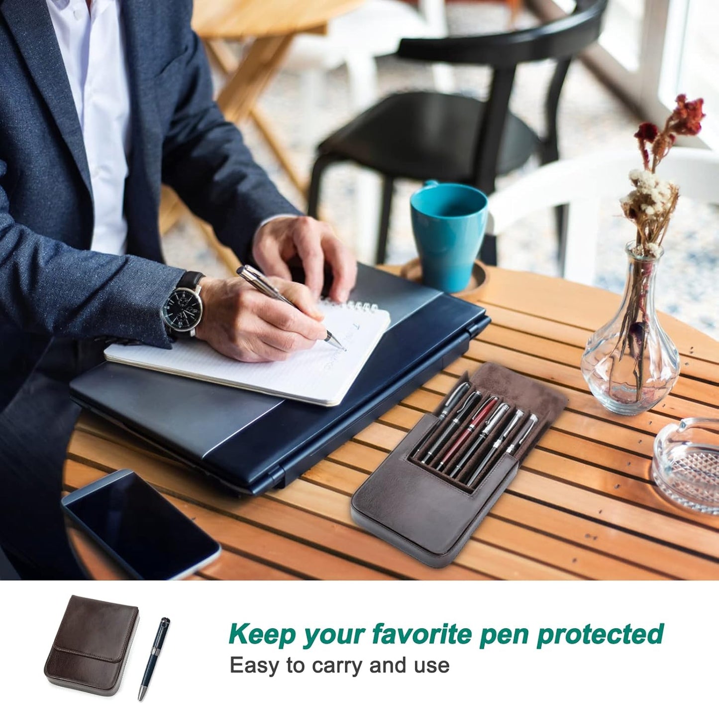 CONTACT'S FAMILY Leather Pencil Case Holds 6 Pens Coffee Pen Storage Box NEW