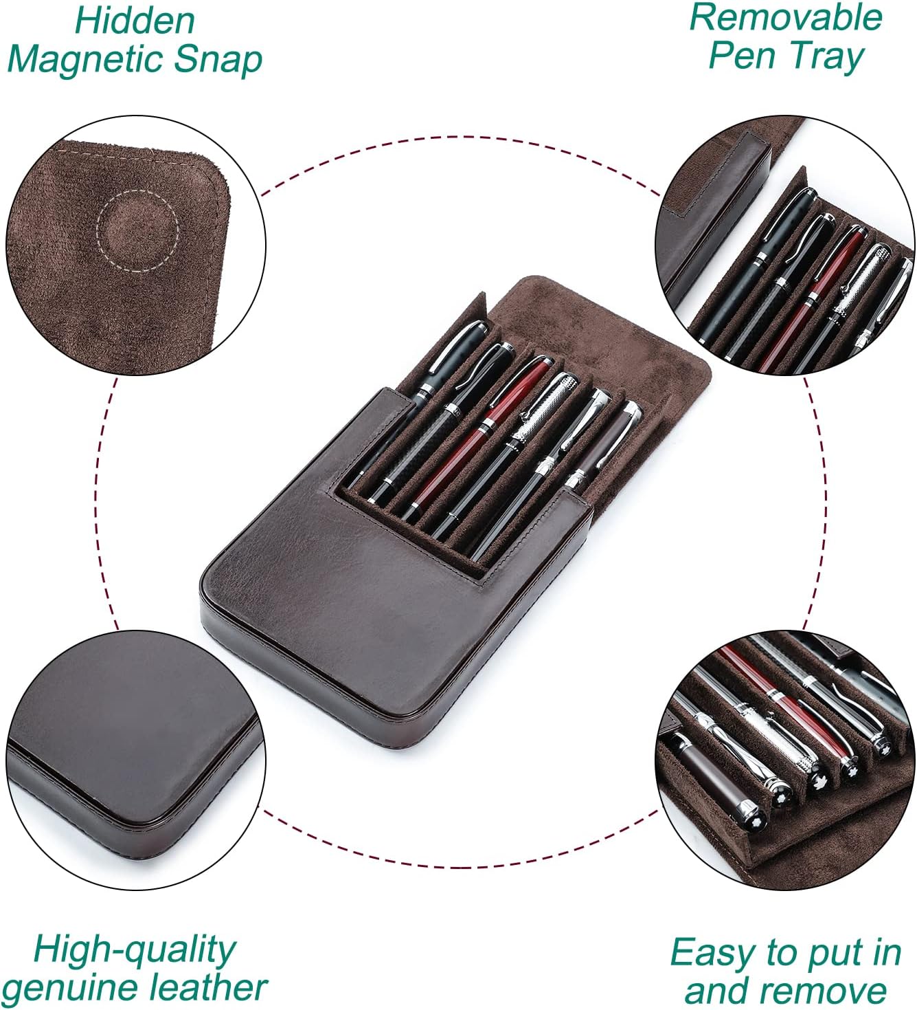CONTACT'S FAMILY Leather Pencil Case Holds 6 Pens Coffee Pen Storage Box NEW