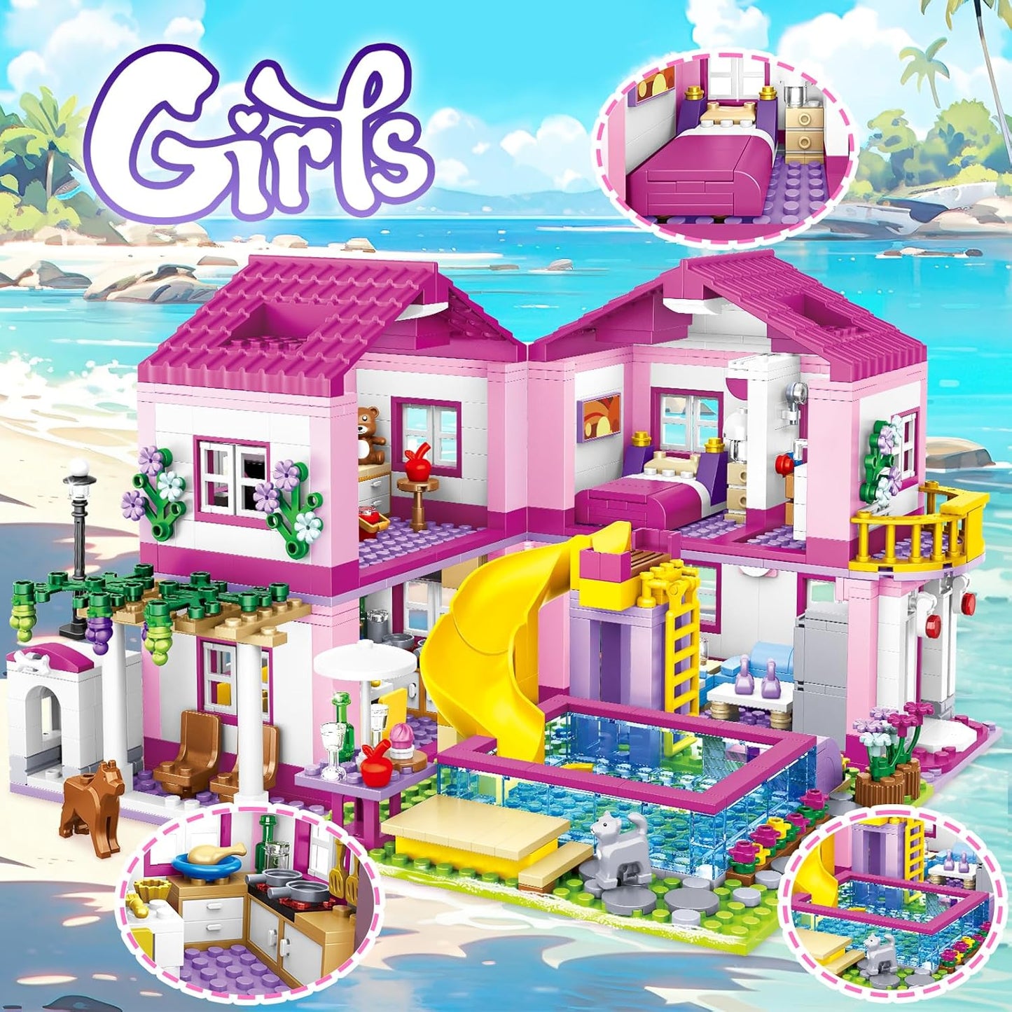 Colorful Girls Plastic Building Playset, 38cm x 25cm Pink Set Size 38cm x NEW