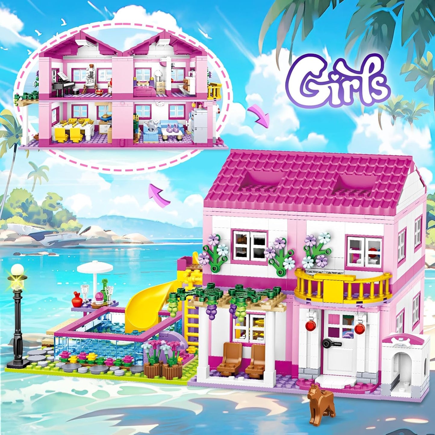Colorful Girls Plastic Building Playset, 38cm x 25cm Pink Set Size 38cm x NEW