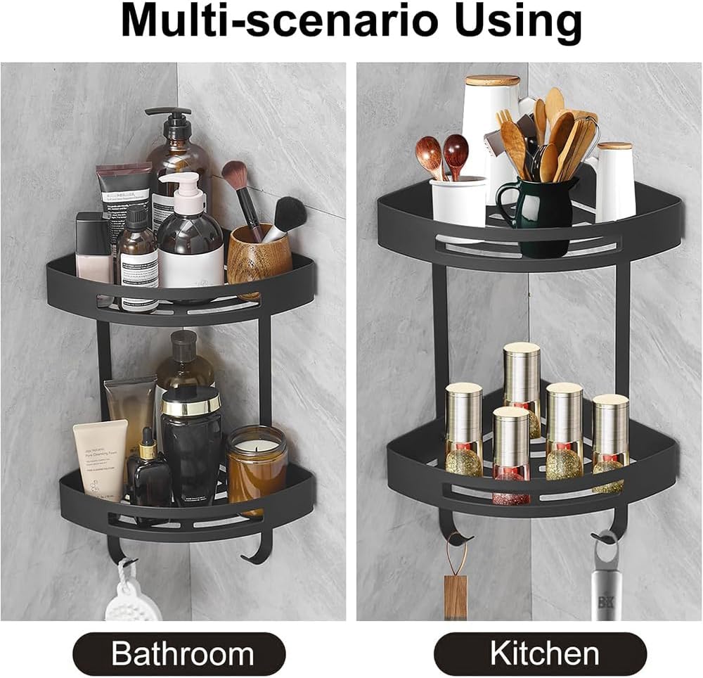 Rustproof Stainless Steel Corner Shower Caddy with Hooks, Black Bathroom DEMO
