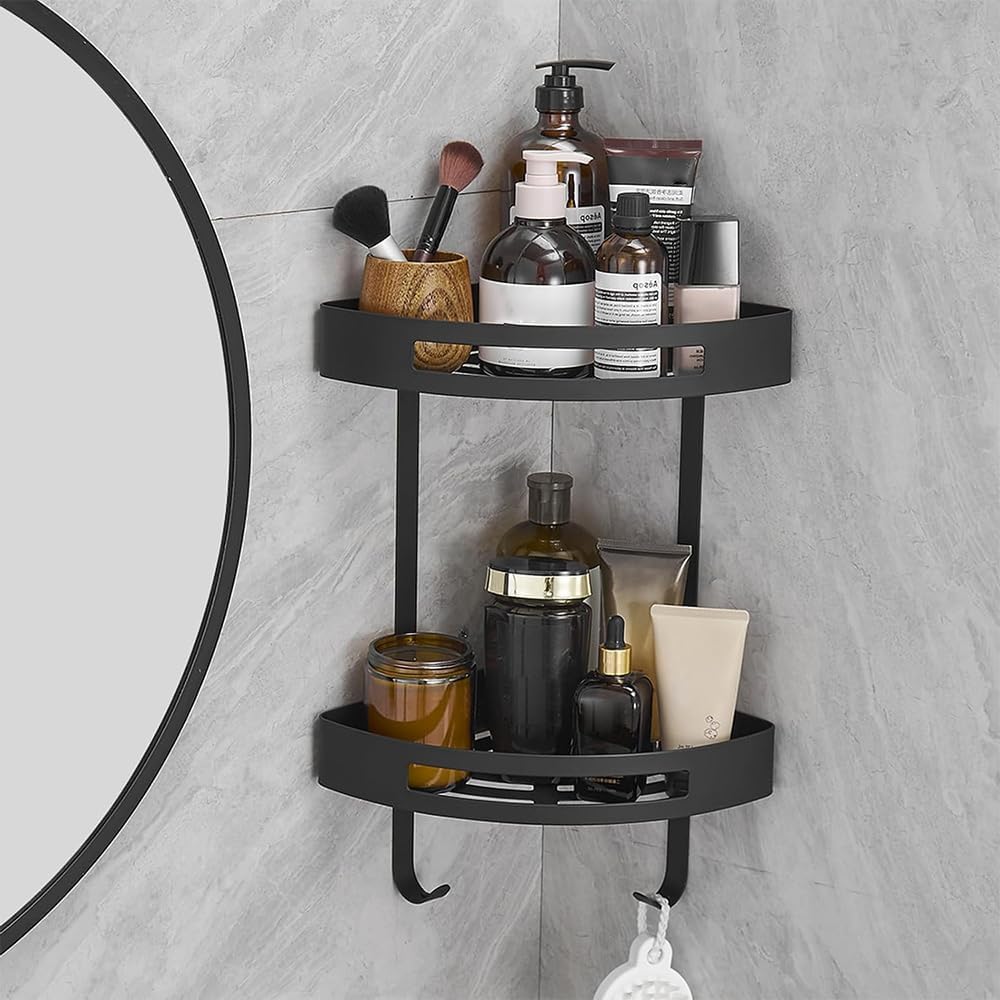 Rustproof Stainless Steel Corner Shower Caddy with Hooks, Black Bathroom DEMO
