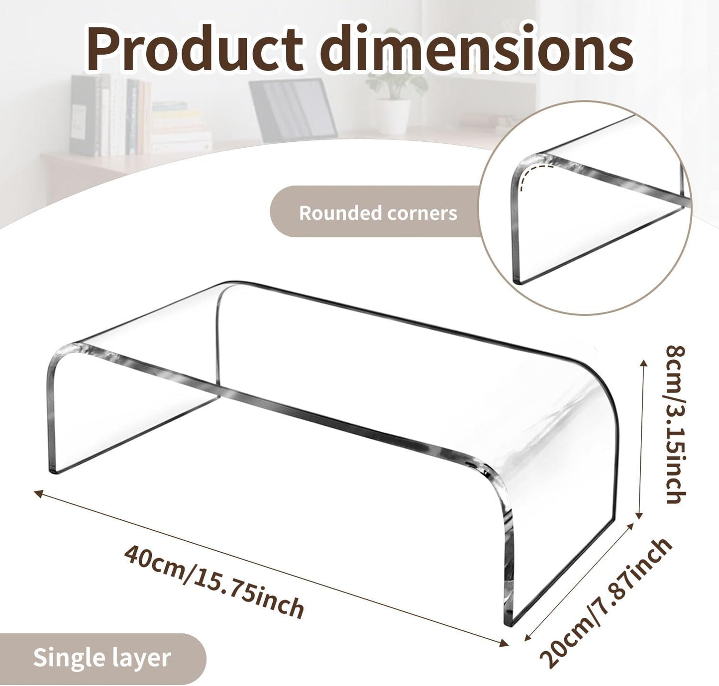 Clear Acrylic 2-Tier Monitor Stand Riser Desk Organizer, 40x20x8cm, DEMO
