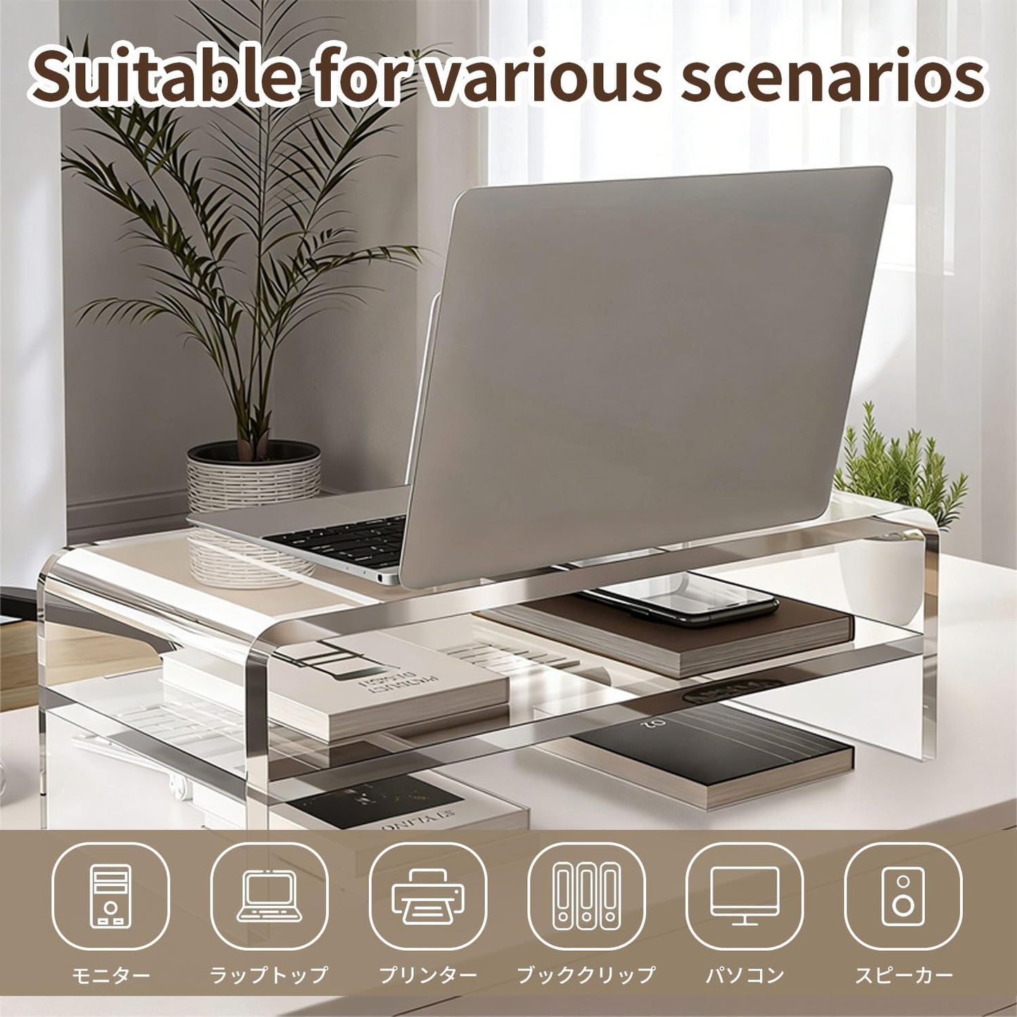 Clear Acrylic 2-Tier Monitor Stand Riser Desk Organizer, 40x20x8cm, DEMO