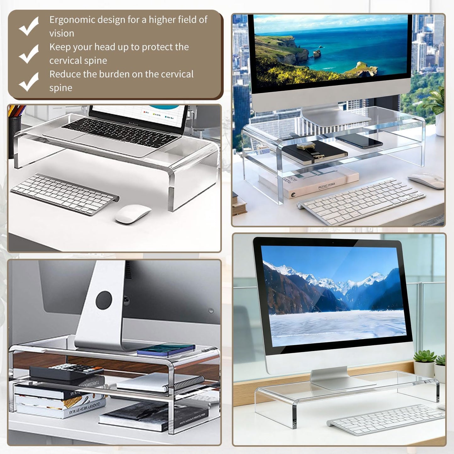 Clear Acrylic 2-Tier Monitor Stand Riser Desk Organizer, 40x20x8cm, DEMO