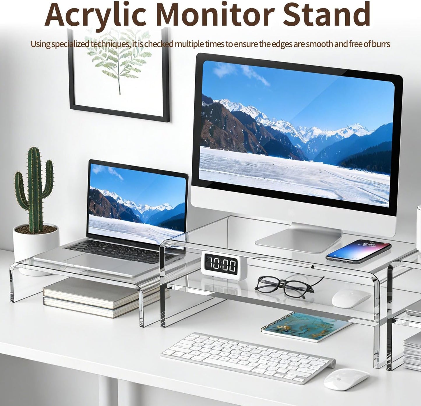 Clear Acrylic 2-Tier Monitor Stand Riser Desk Organizer, 40x20x8cm, DEMO