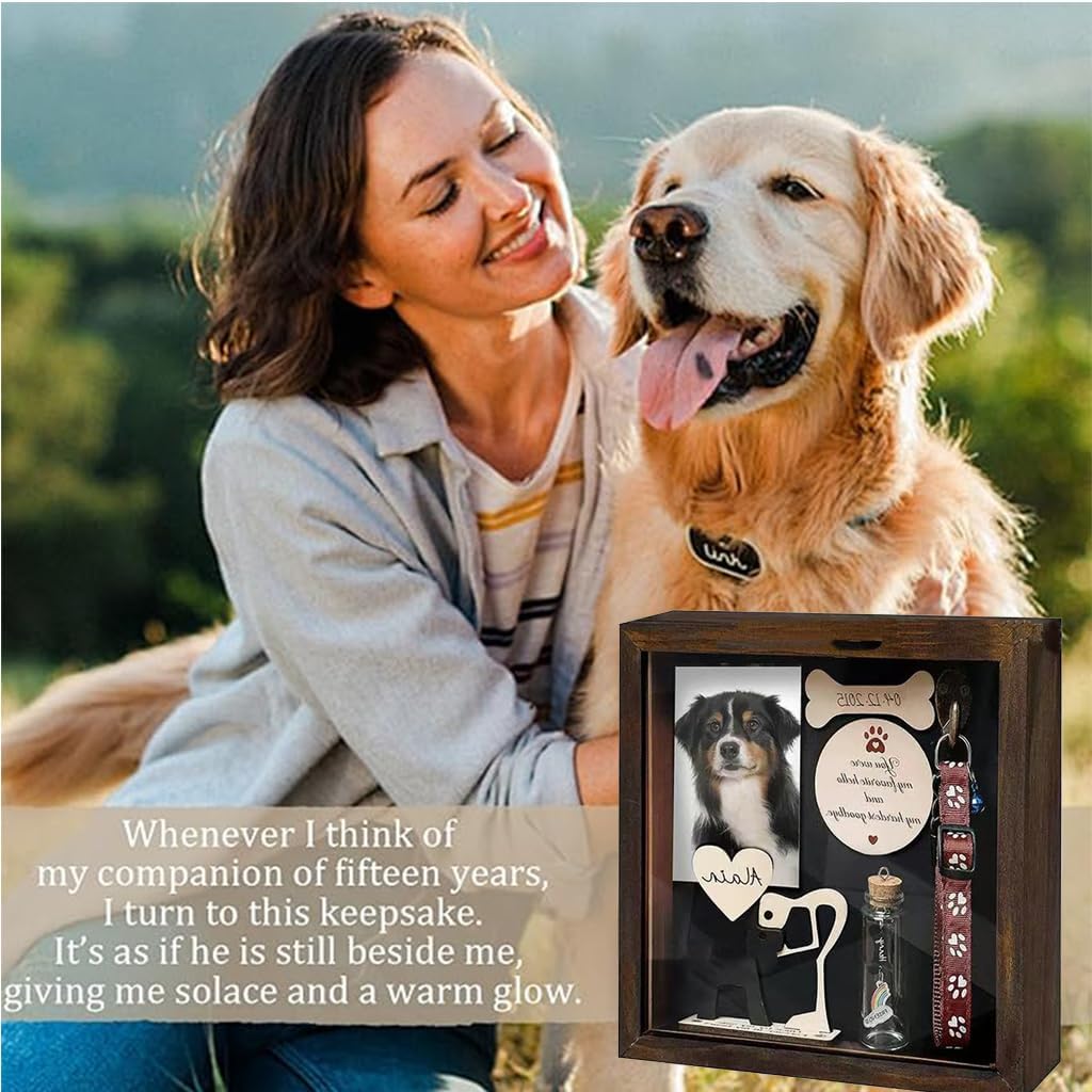 Pet Memorial Shadow Box Rustic Collar Holder Picture Frame Brown Size NEW