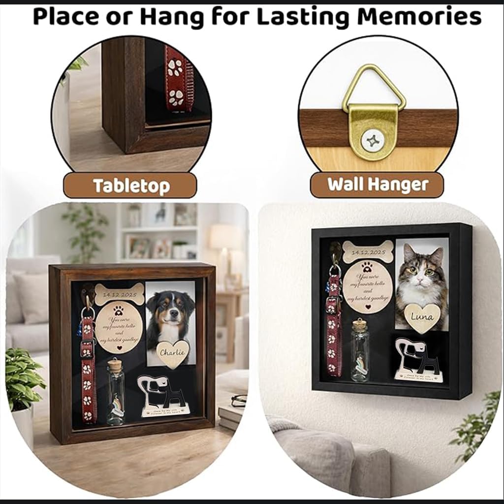 Pet Memorial Shadow Box Rustic Collar Holder Picture Frame Brown Size NEW