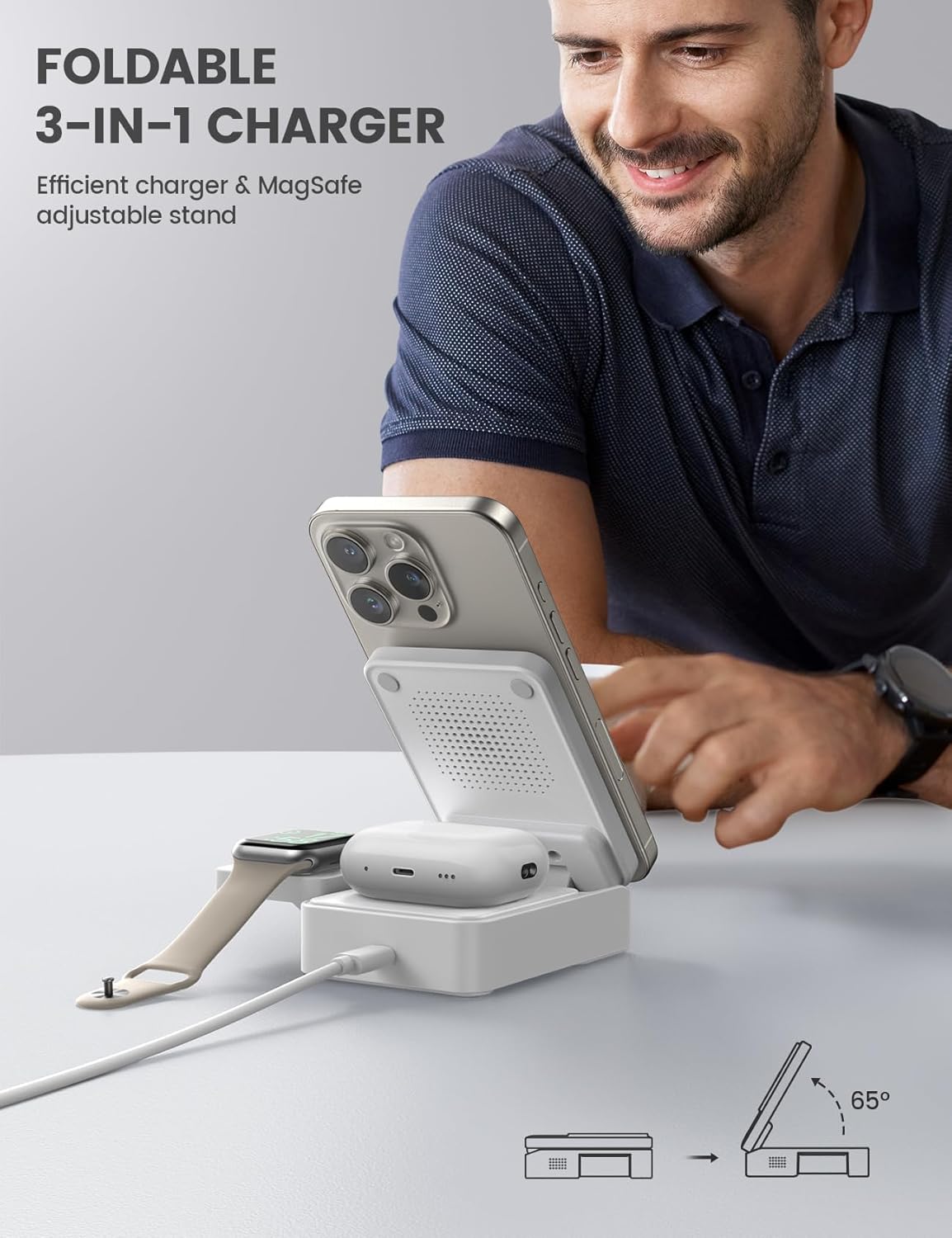 Lamicall 3-in-1 Wireless Charging Station Foldable Stand Induction Charger NEW