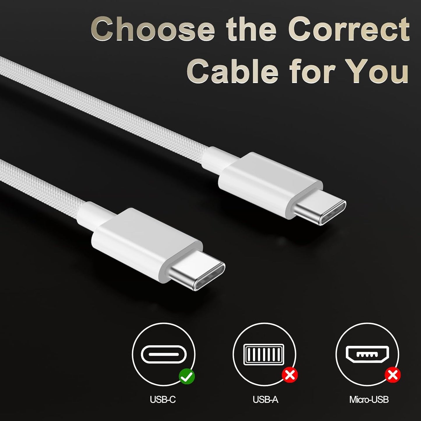 White 2M USB Cables USB-C to 60W Fast Charging Nylon Braided Cable for NEW