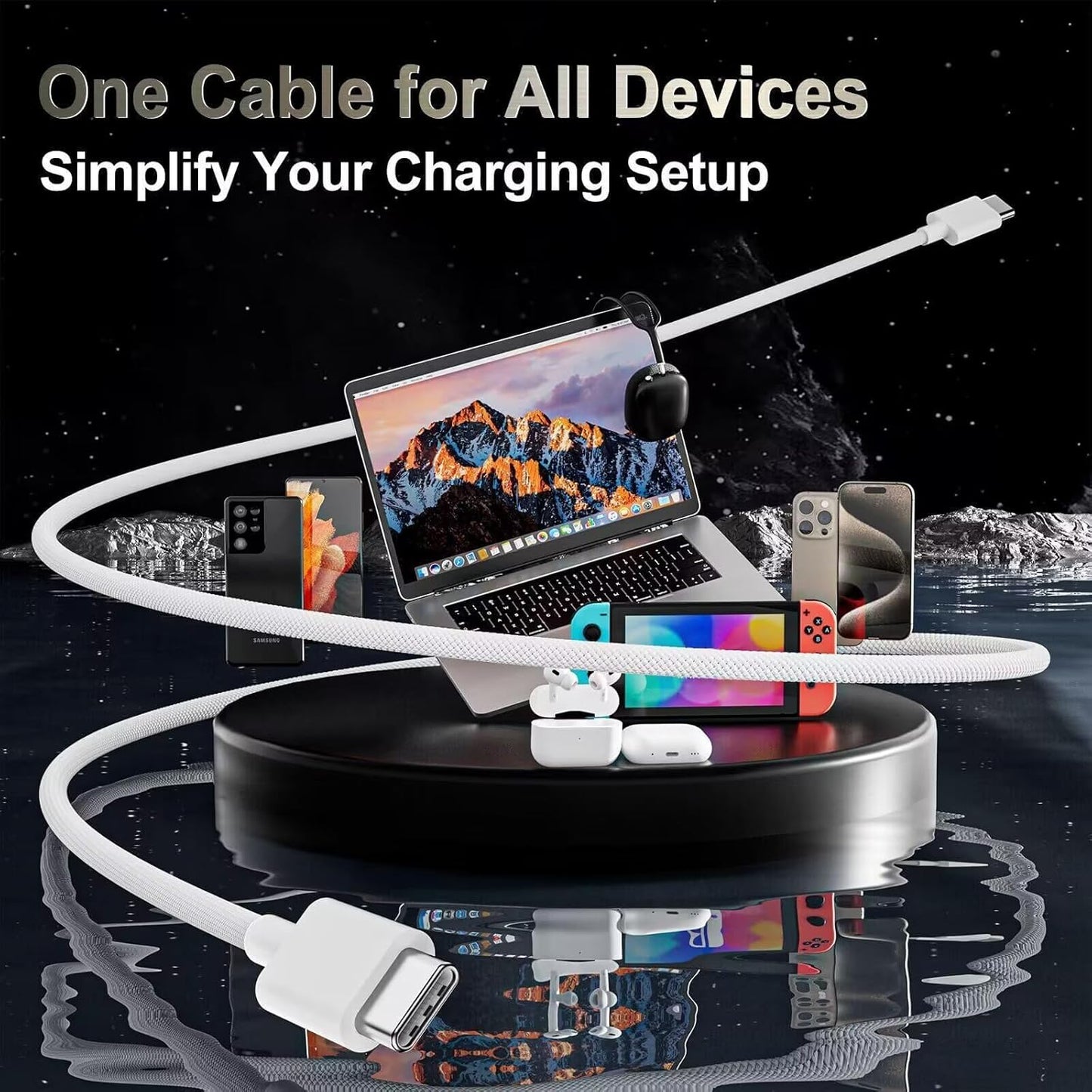 White 2M USB Cables USB-C to 60W Fast Charging Nylon Braided Cable for NEW