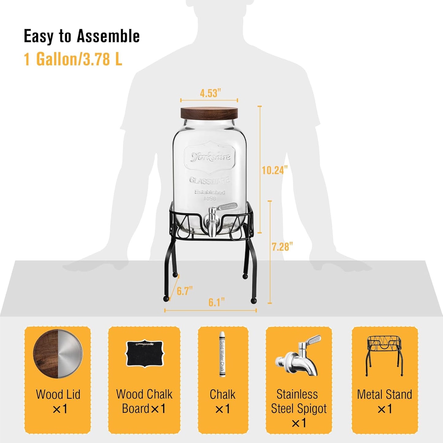 Mustry 1 Gallon Clear Glass Iced Beverage Dispenser for Parties & Events NEW