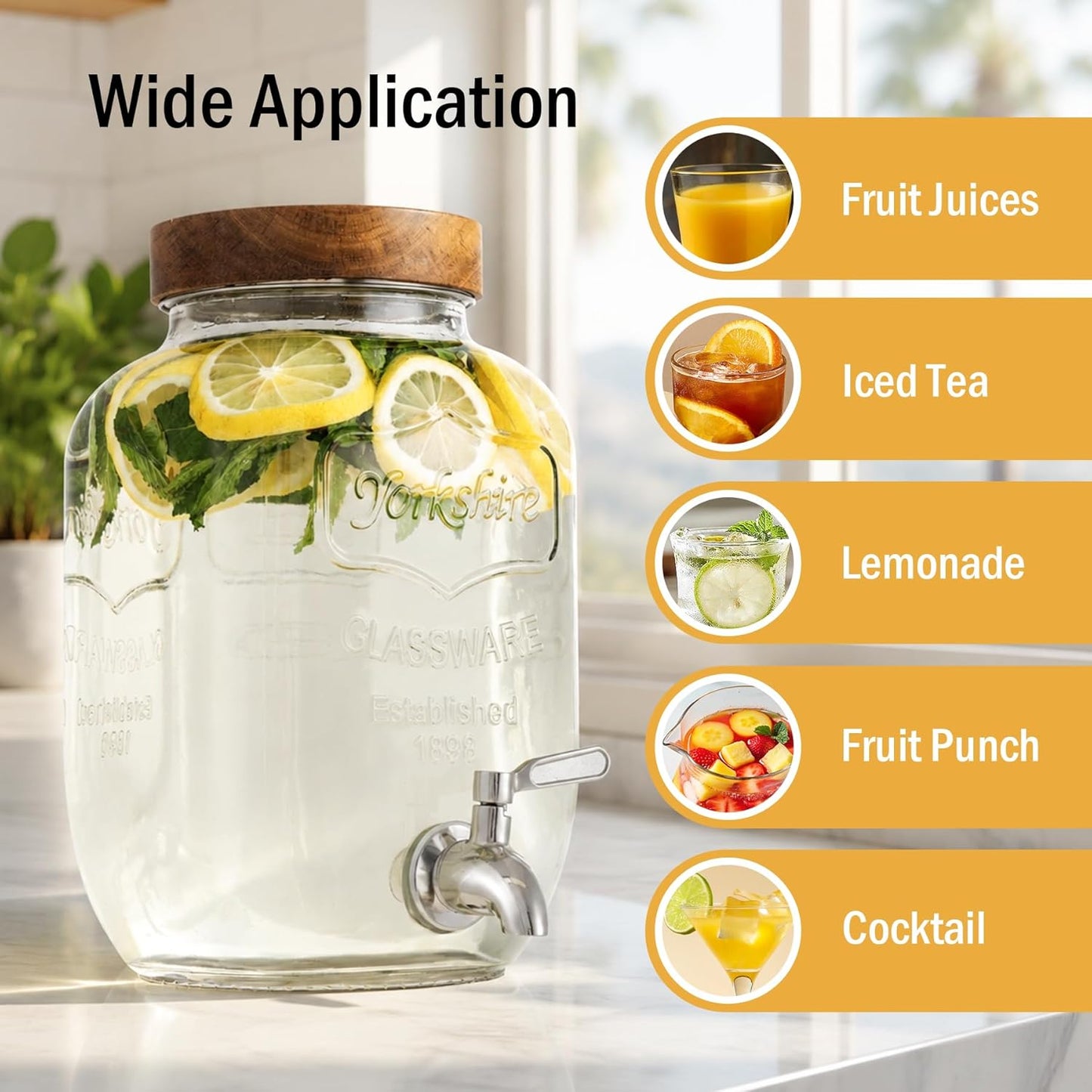 Mustry 1 Gallon Clear Glass Iced Beverage Dispenser for Parties & Events NEW