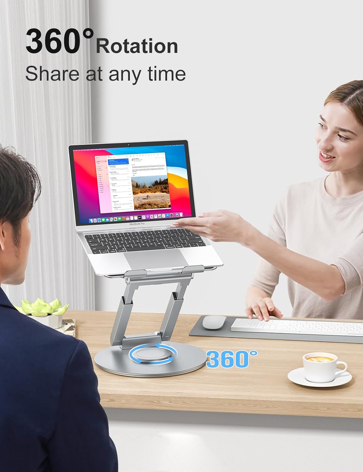 tounee 360° Swivel Laptop Stand, Sit to Height Adjustable up 17" Silver NEW