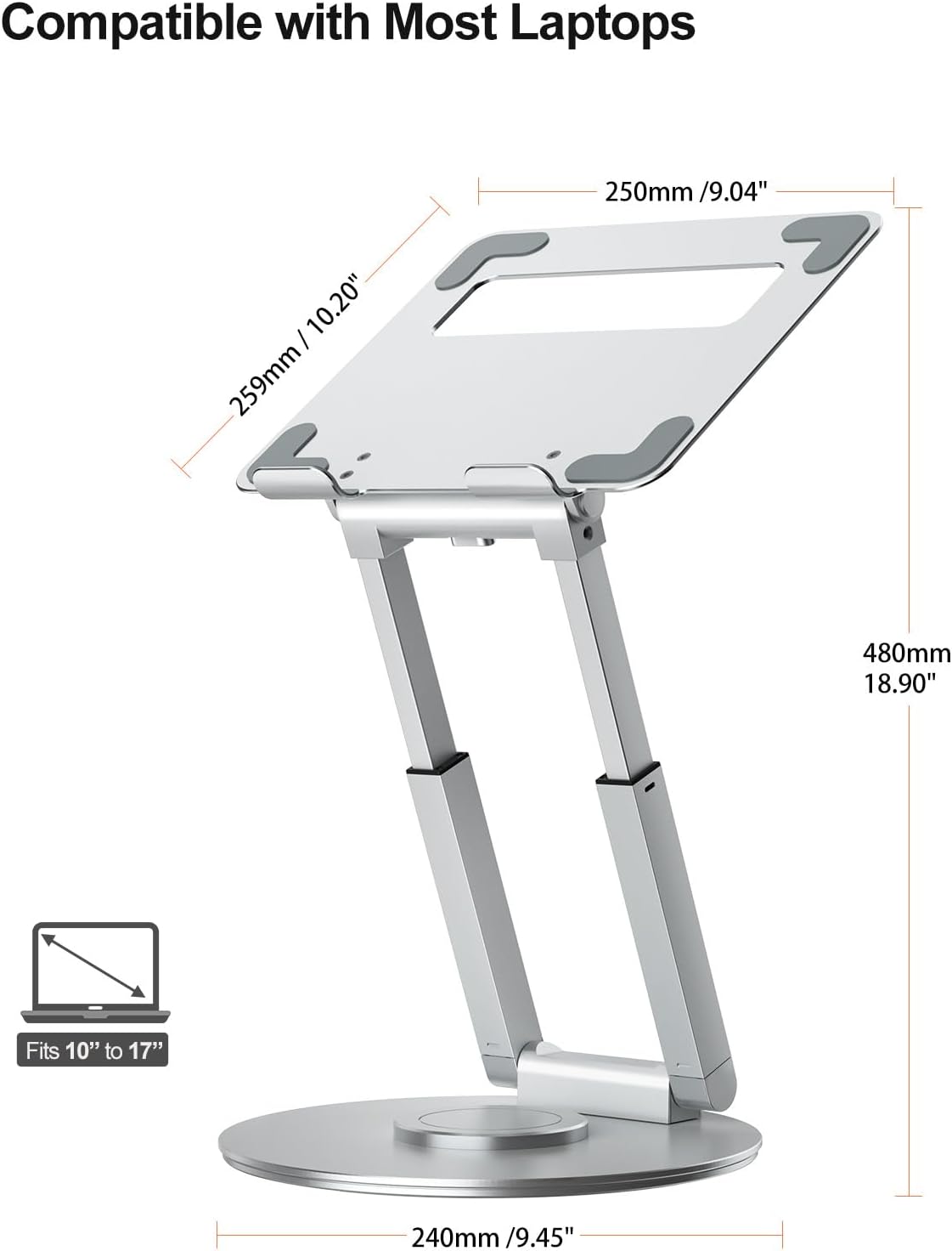 tounee 360° Swivel Laptop Stand, Sit to Height Adjustable up 17" Silver NEW