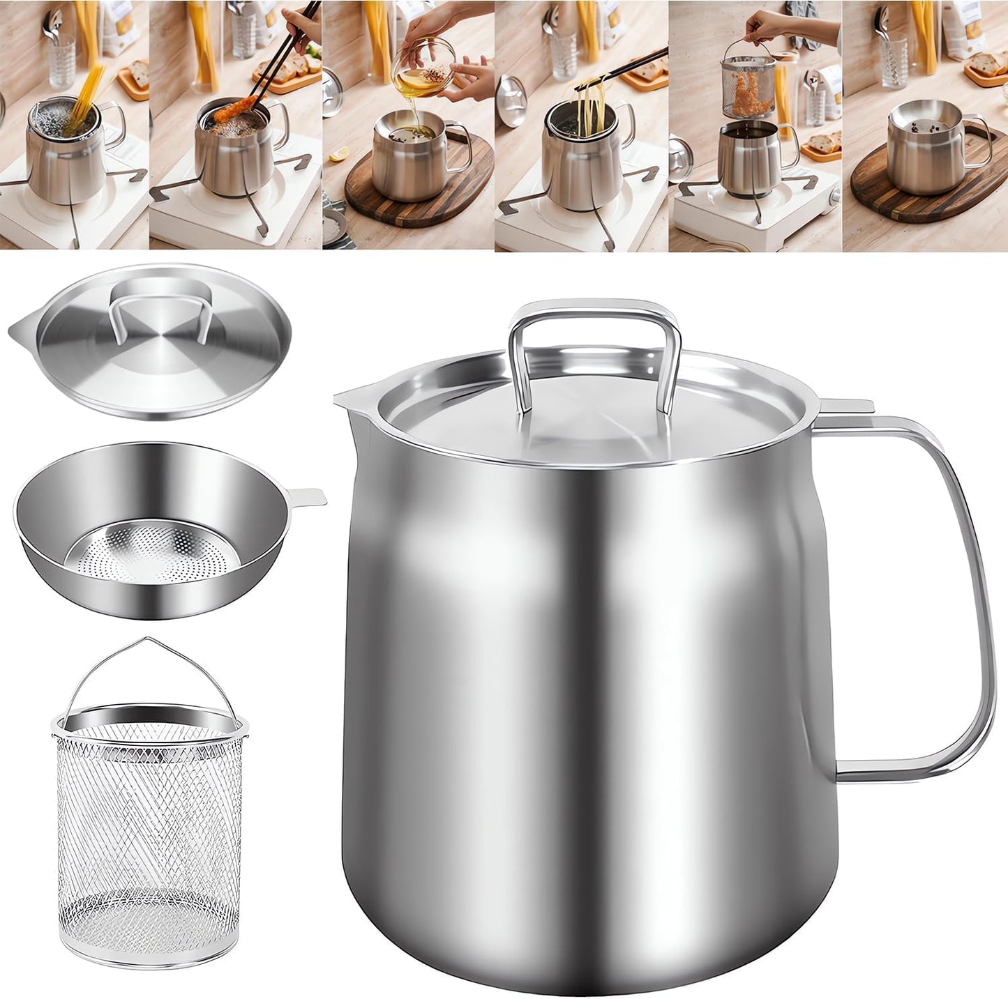 2L Stainless Steel Oil Filter Pot with Basket and Mesh Strainer, Silver NEW