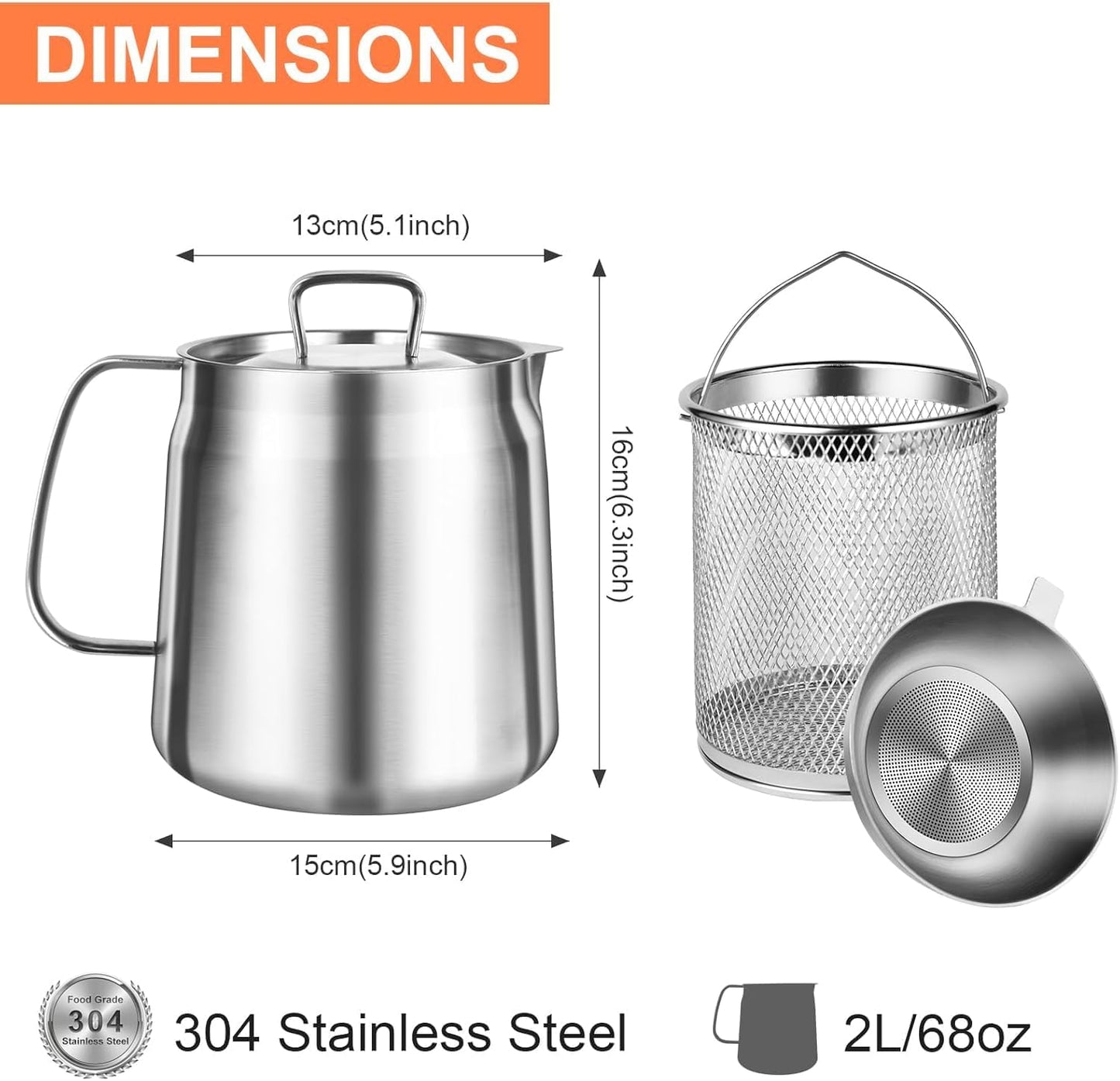 2L Stainless Steel Oil Filter Pot with Basket and Mesh Strainer, Silver NEW