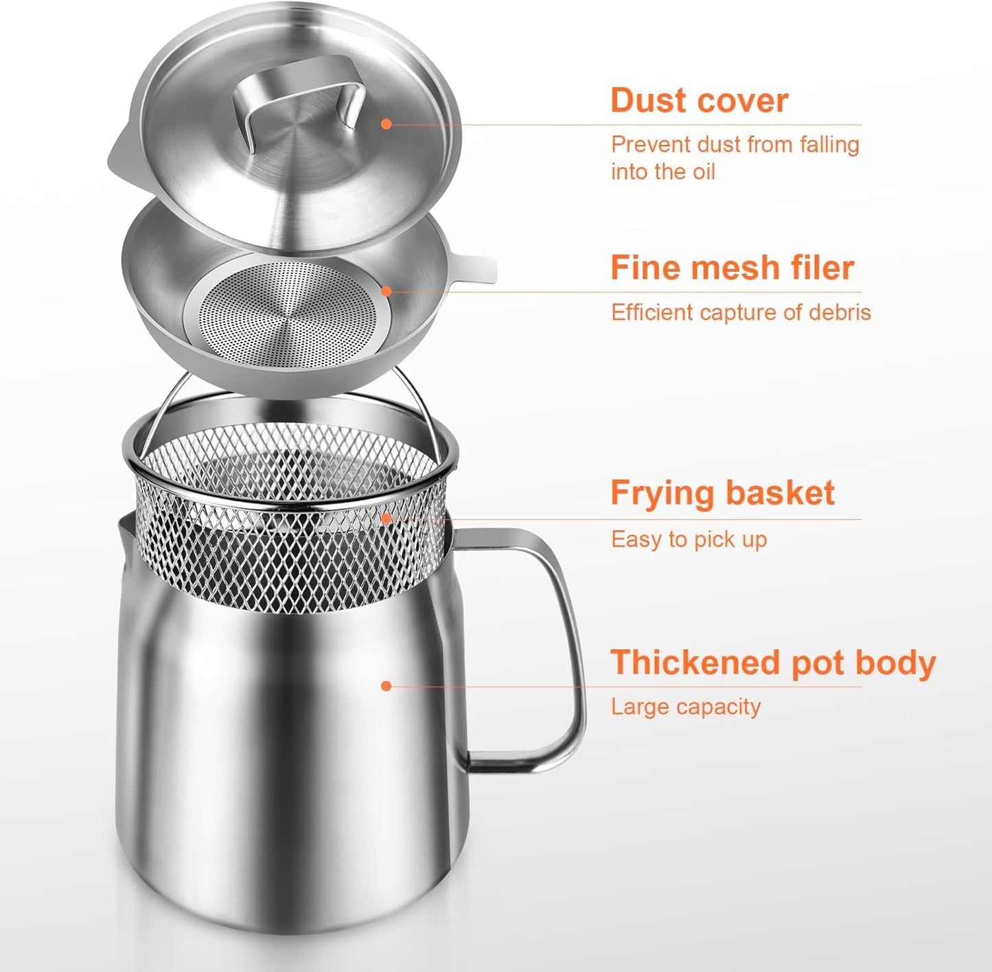 2L Stainless Steel Oil Filter Pot with Basket and Mesh Strainer, Silver NEW