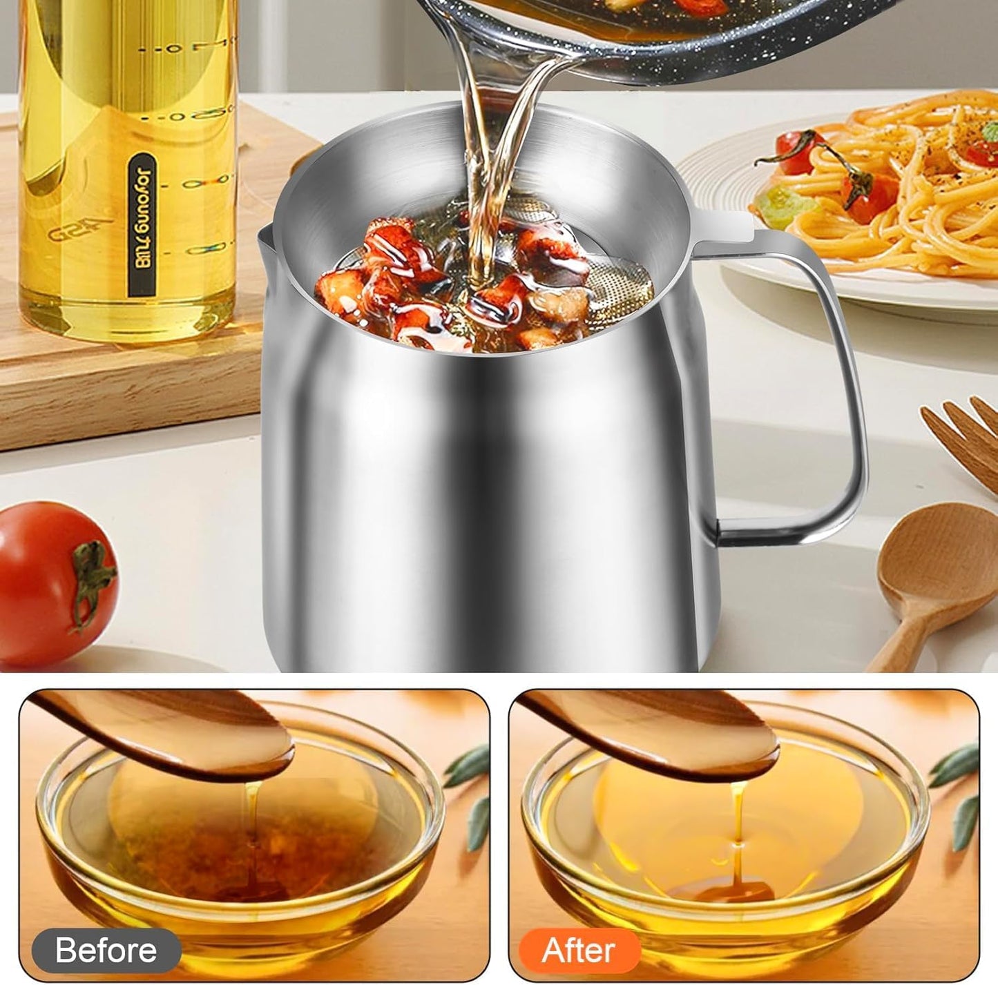 2L Stainless Steel Oil Filter Pot with Basket and Mesh Strainer, Silver NEW