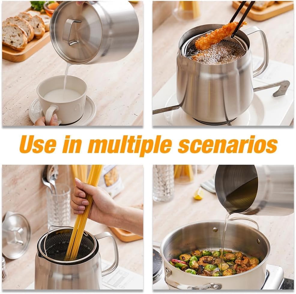 2L Stainless Steel Oil Filter Pot with Basket and Mesh Strainer, Silver NEW