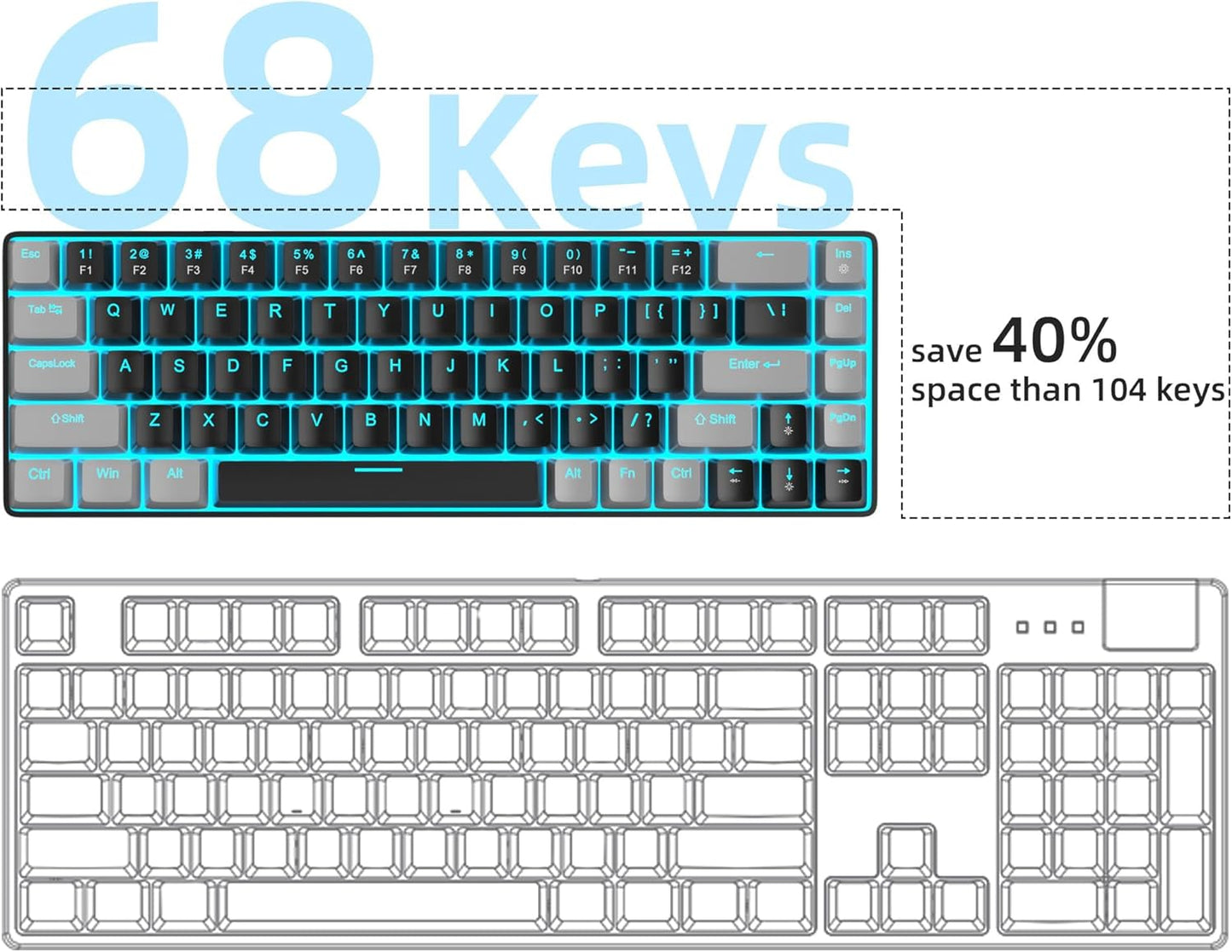 MageGee 68-Key Mechanical Gaming Keyboard LED Backlit Black Grey/Red Size NEW