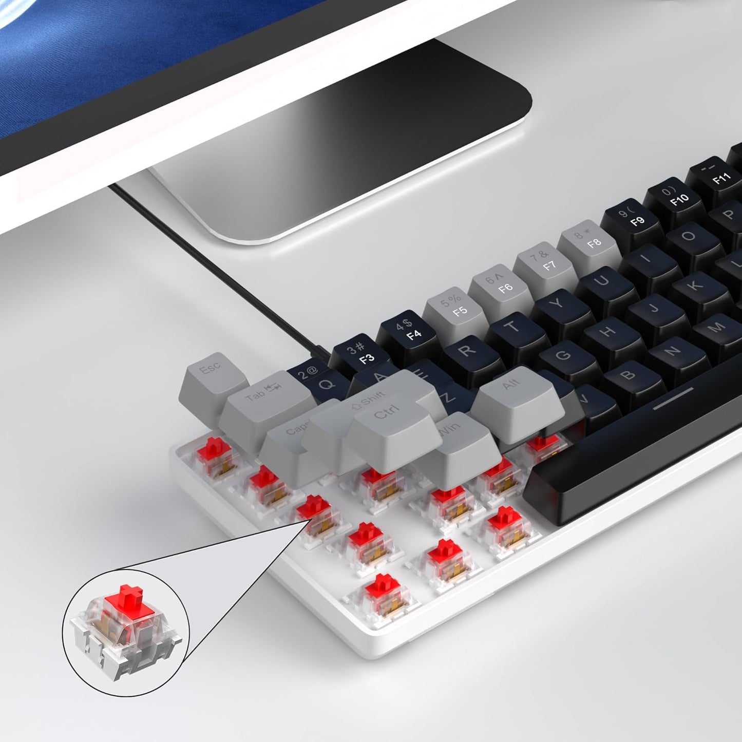 MageGee 68-Key Mechanical Gaming Keyboard LED Backlit Black Grey/Red Size NEW