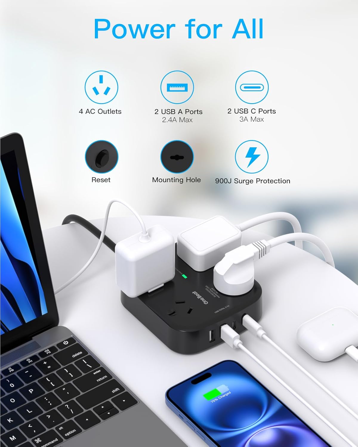 One Beat Power Strip with 4 AC Outlets and USB Ports, 1.5M Extension Cord NEW