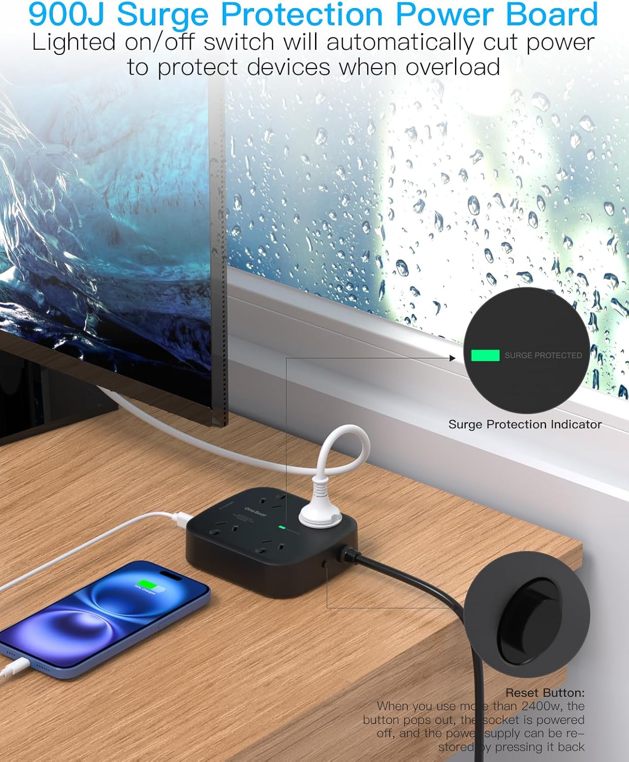 One Beat Power Strip with 4 AC Outlets and USB Ports, 1.5M Extension Cord NEW