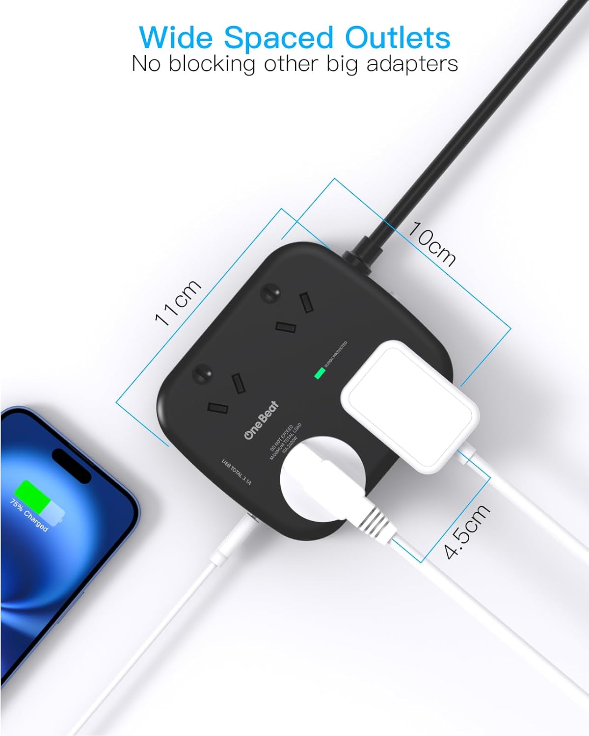 One Beat Power Strip with 4 AC Outlets and USB Ports, 1.5M Extension Cord NEW