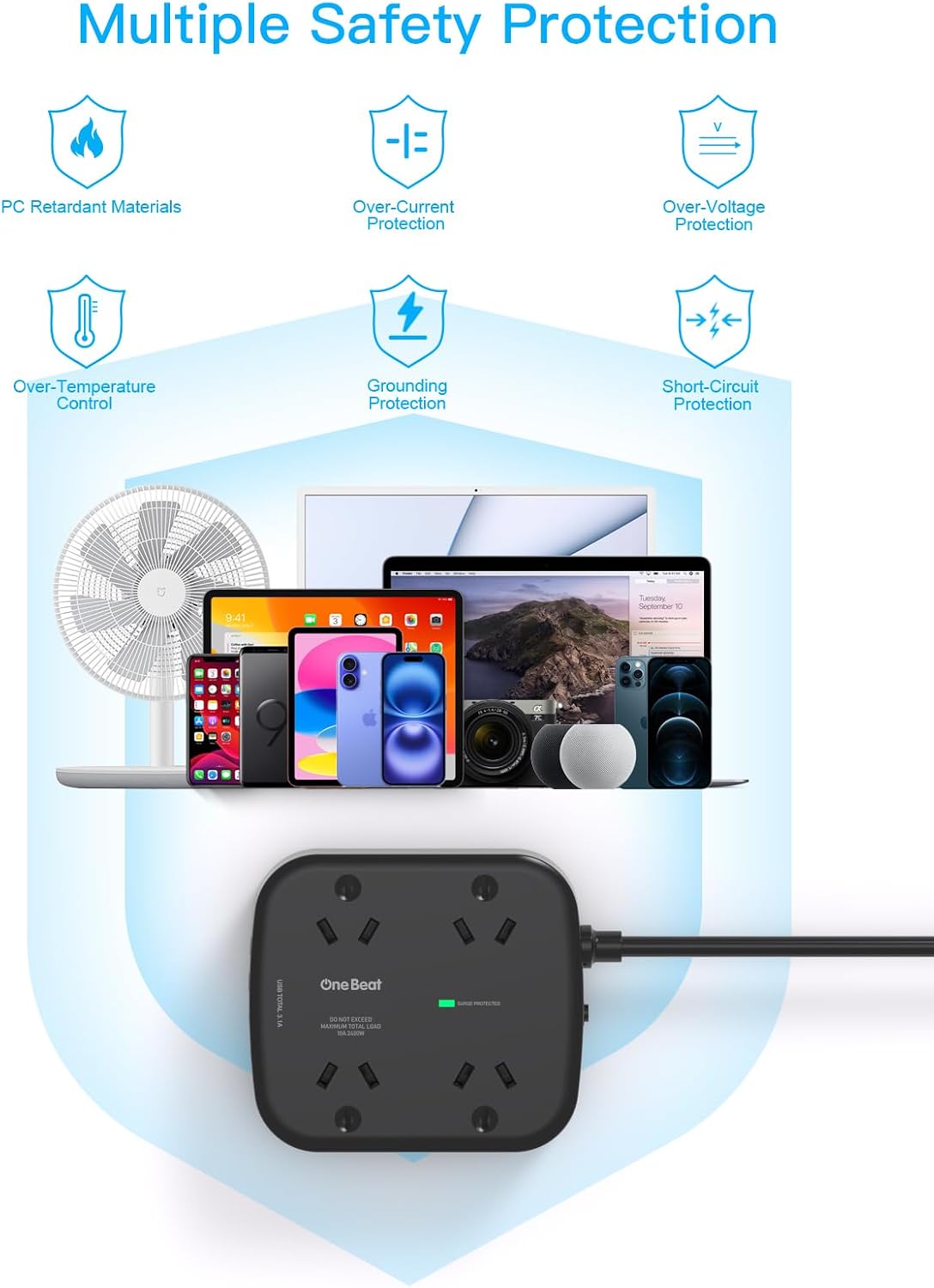One Beat Power Strip with 4 AC Outlets and USB Ports, 1.5M Extension Cord NEW