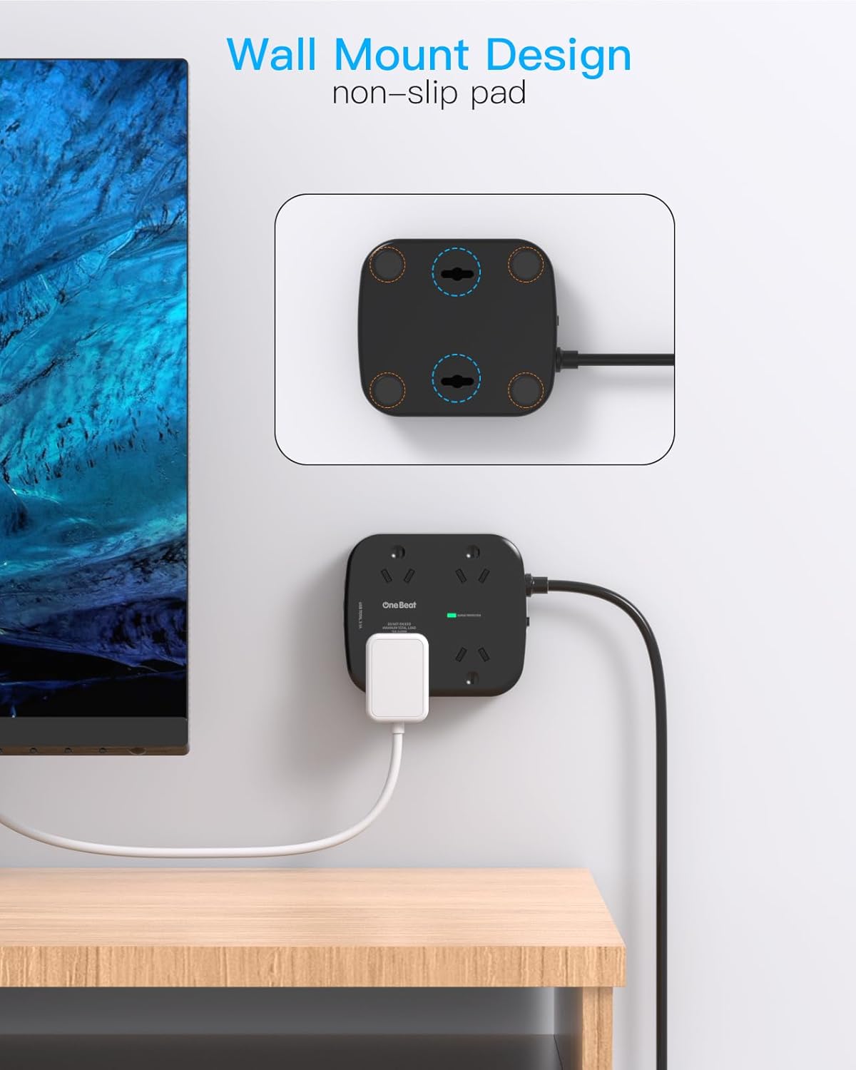 One Beat Power Strip with 4 AC Outlets and USB Ports, 1.5M Extension Cord NEW