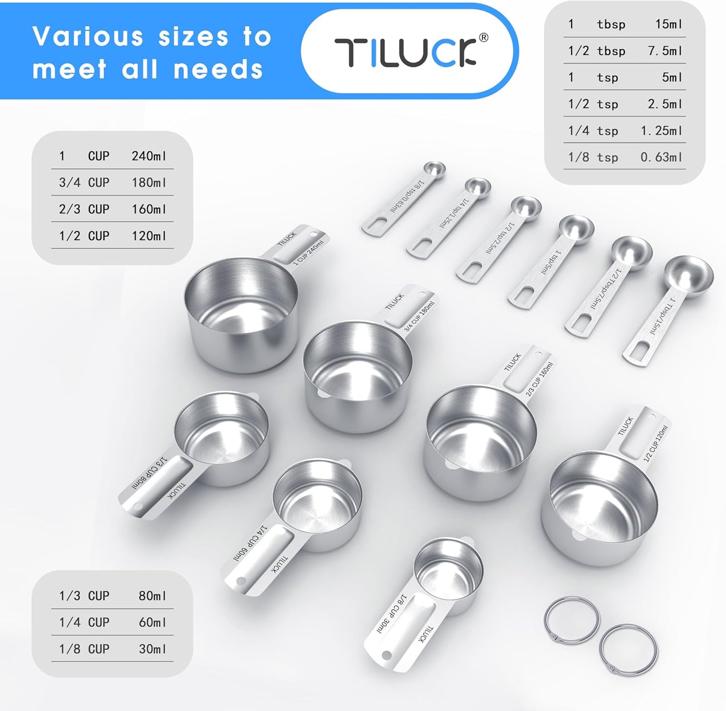 Stainless Steel Measuring Cups and Spoons Set of 13 Kitchen Tools Size 7+6 NEW