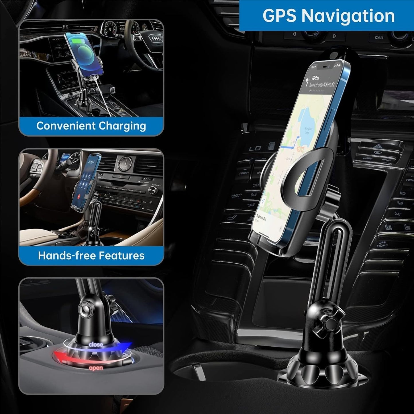 TOPGO Adjustable Car Cup Holder and Phone Mount for Drinks, Beverages, Cups NEW