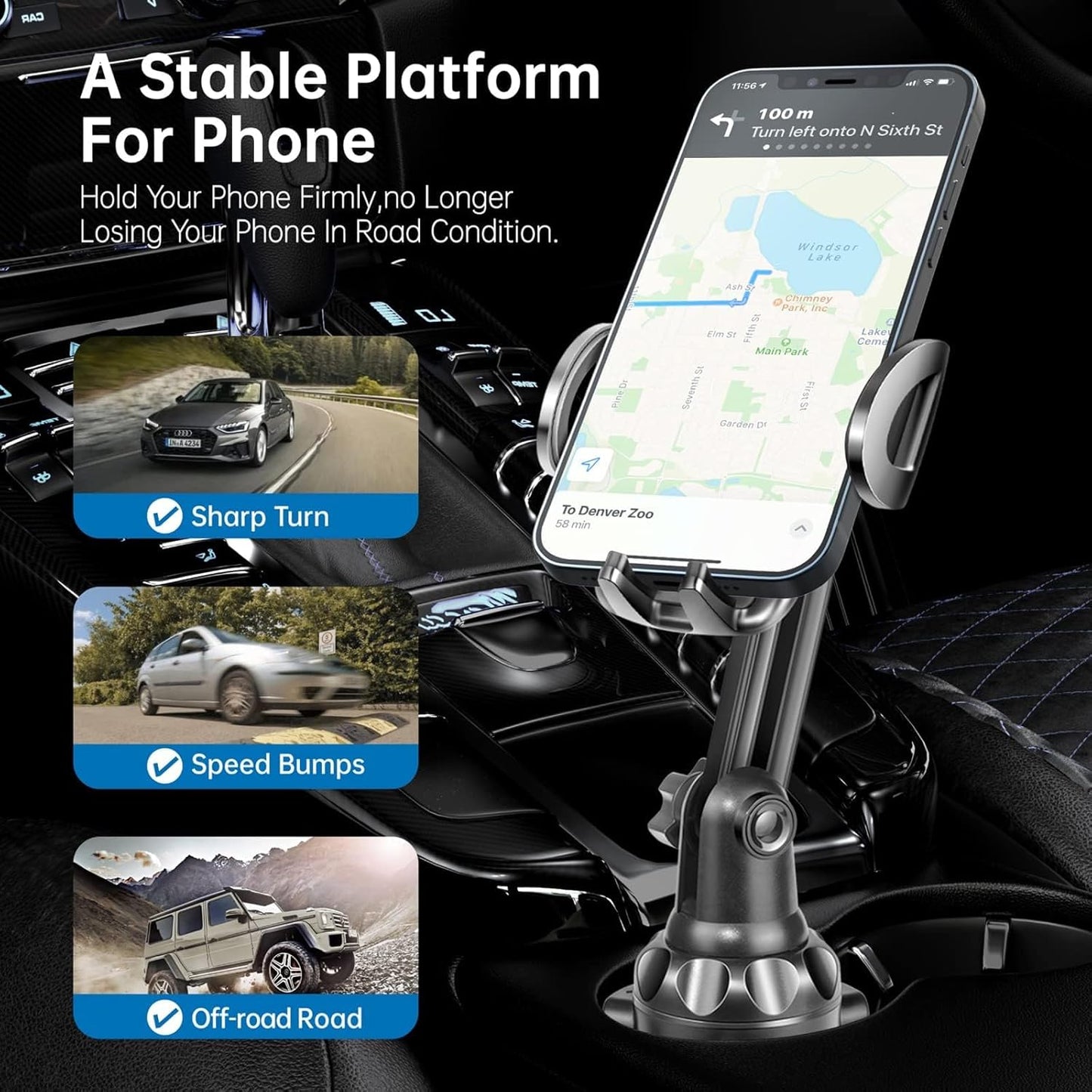 TOPGO Adjustable Car Cup Holder and Phone Mount for Drinks, Beverages, Cups NEW