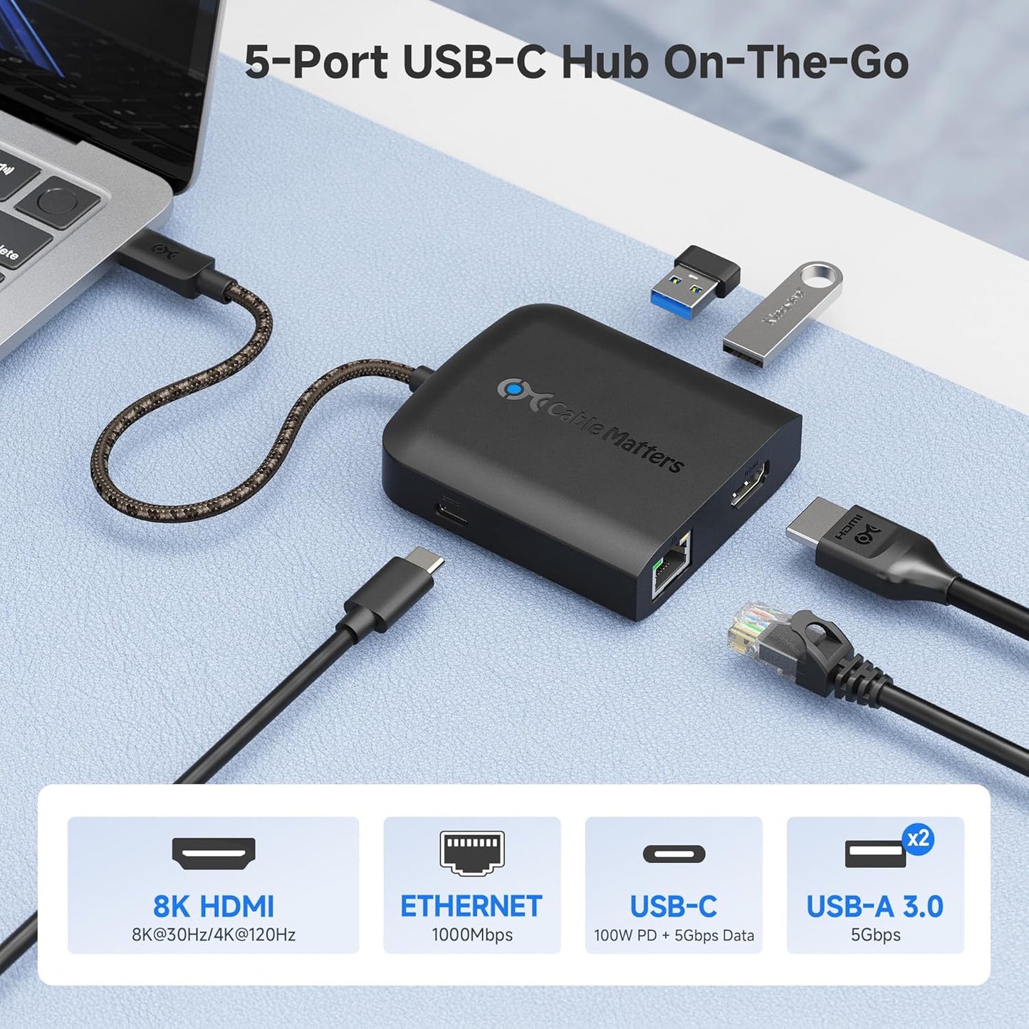 Cable Matters USB Hubs USB-C HDMI Dock 8K 120Hz, 2 USB-A 3.0 Ports, Black, DEMO