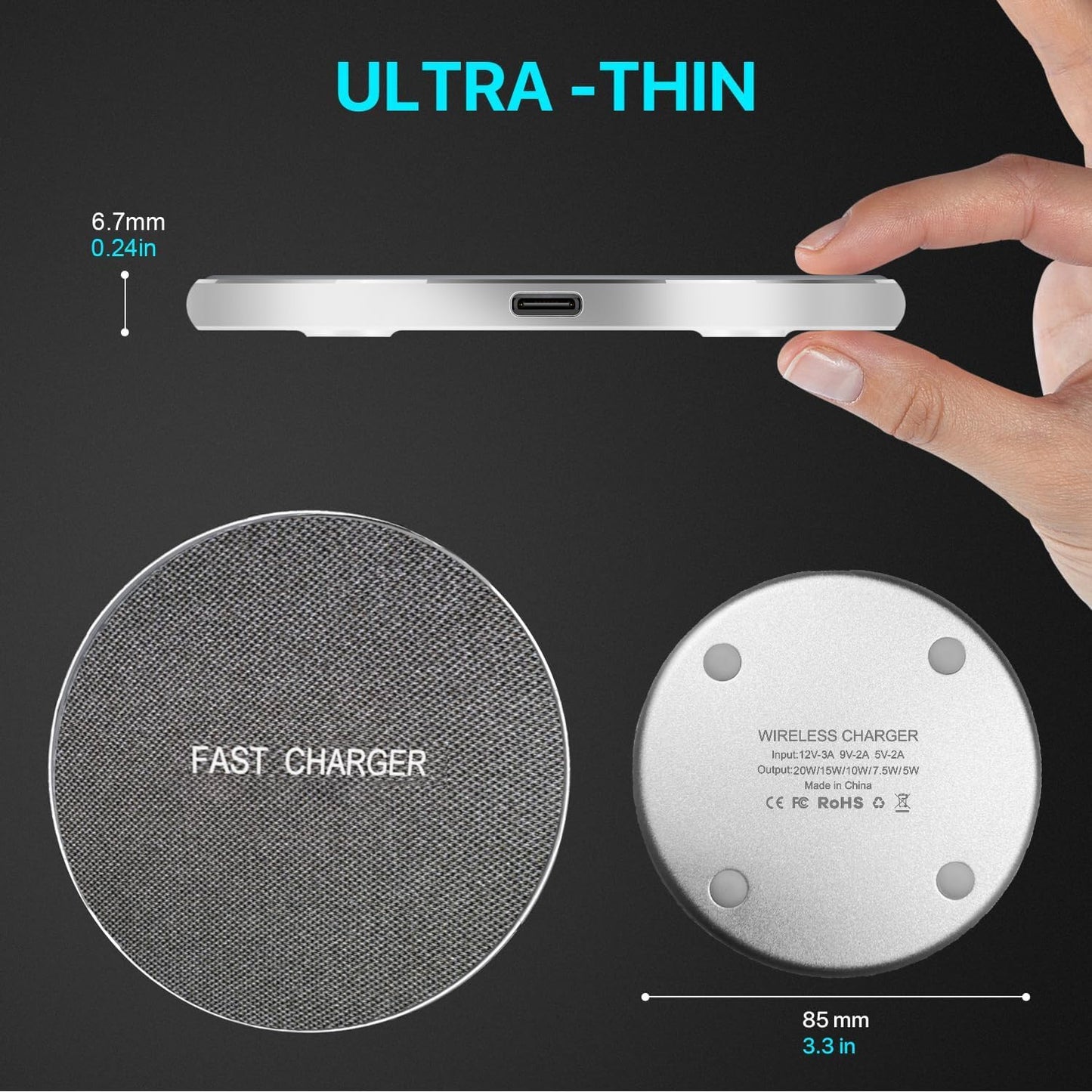 20W Wireless Charging Pad Fast Charger for Smartphones & Tablets, Aluminium NEW