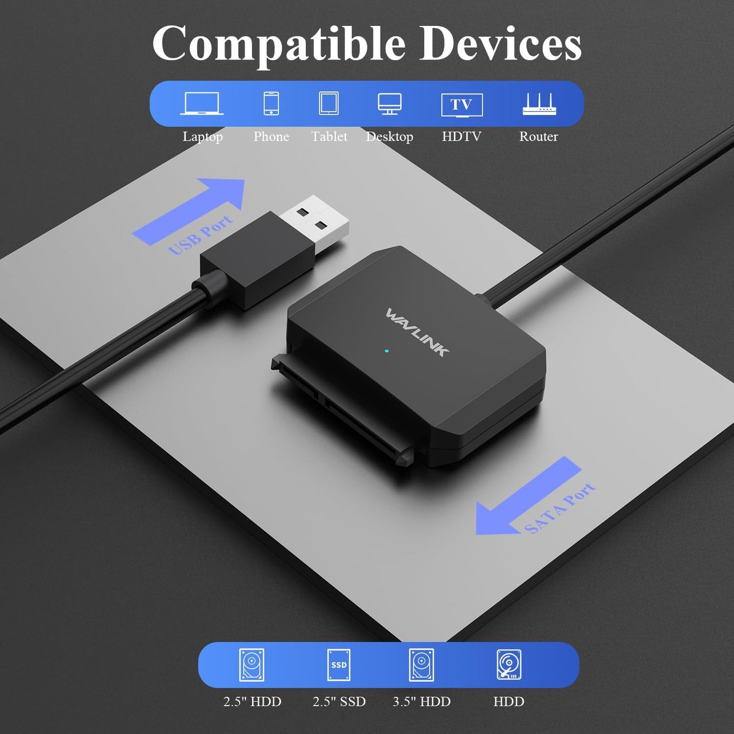 WAVLINK USB 3.0 to SATA III Hard Drive Adapter Cable 5Gbps Data Transfer DEMO