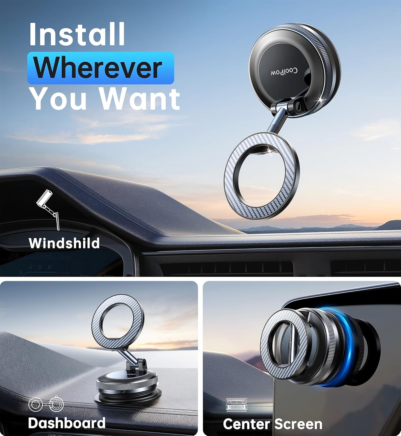 Magnetic Car Car Accessories Phone Holder Mount with Vacuum Suction, Carbon NEW