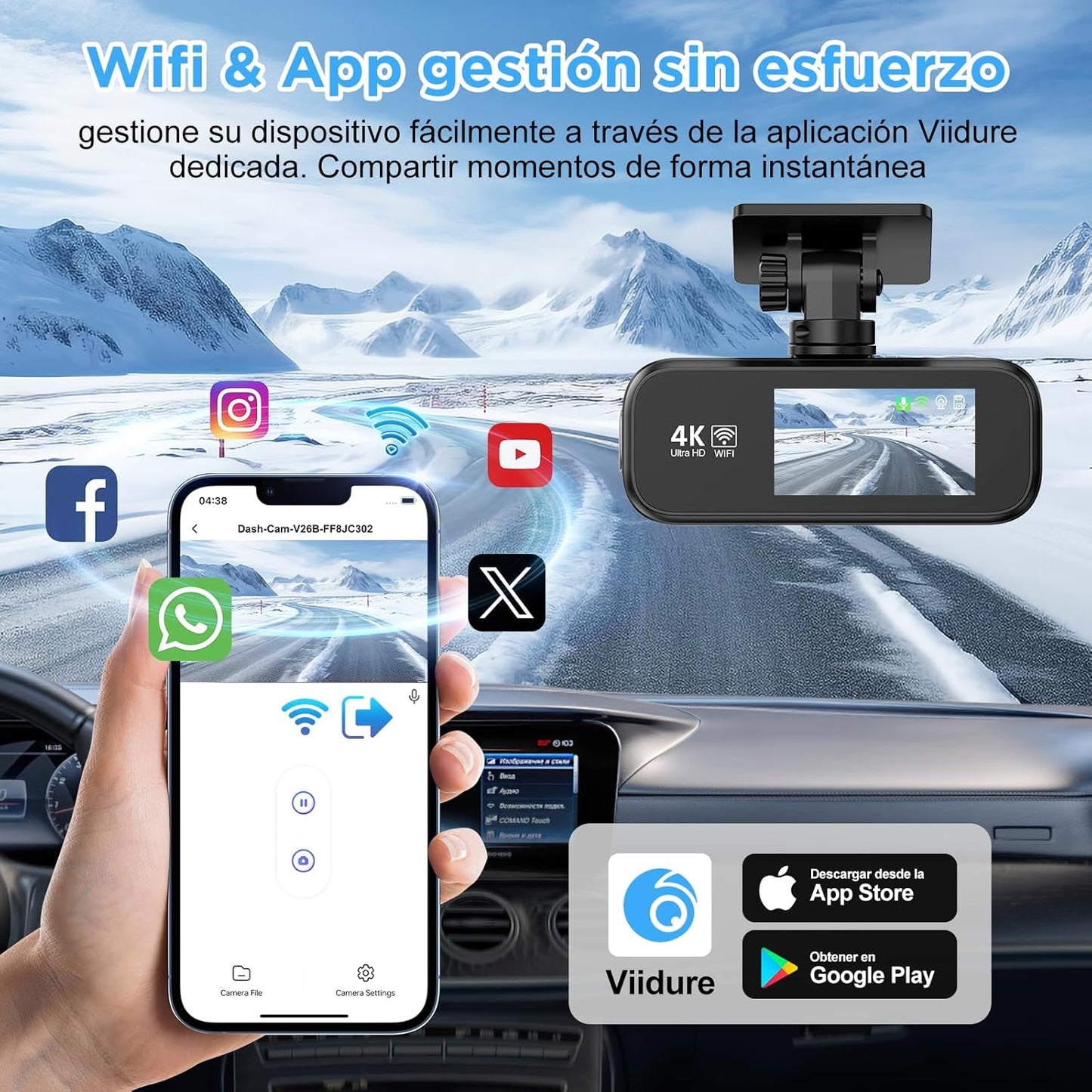 4K 1080P On-Dash-Monitoring Dual Dash Cam with Front and Rear WiFi for DEMO