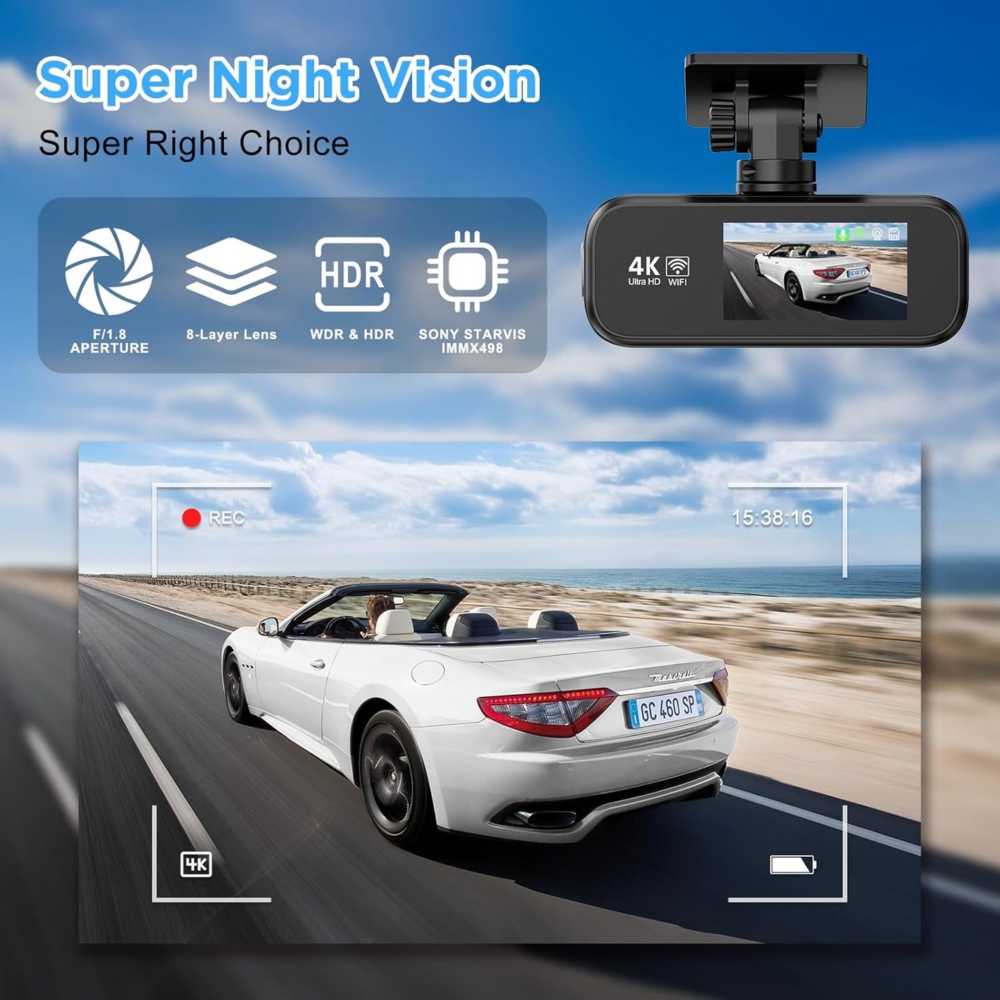 4K 1080P On-Dash-Monitoring Dual Dash Cam with Front and Rear WiFi for DEMO